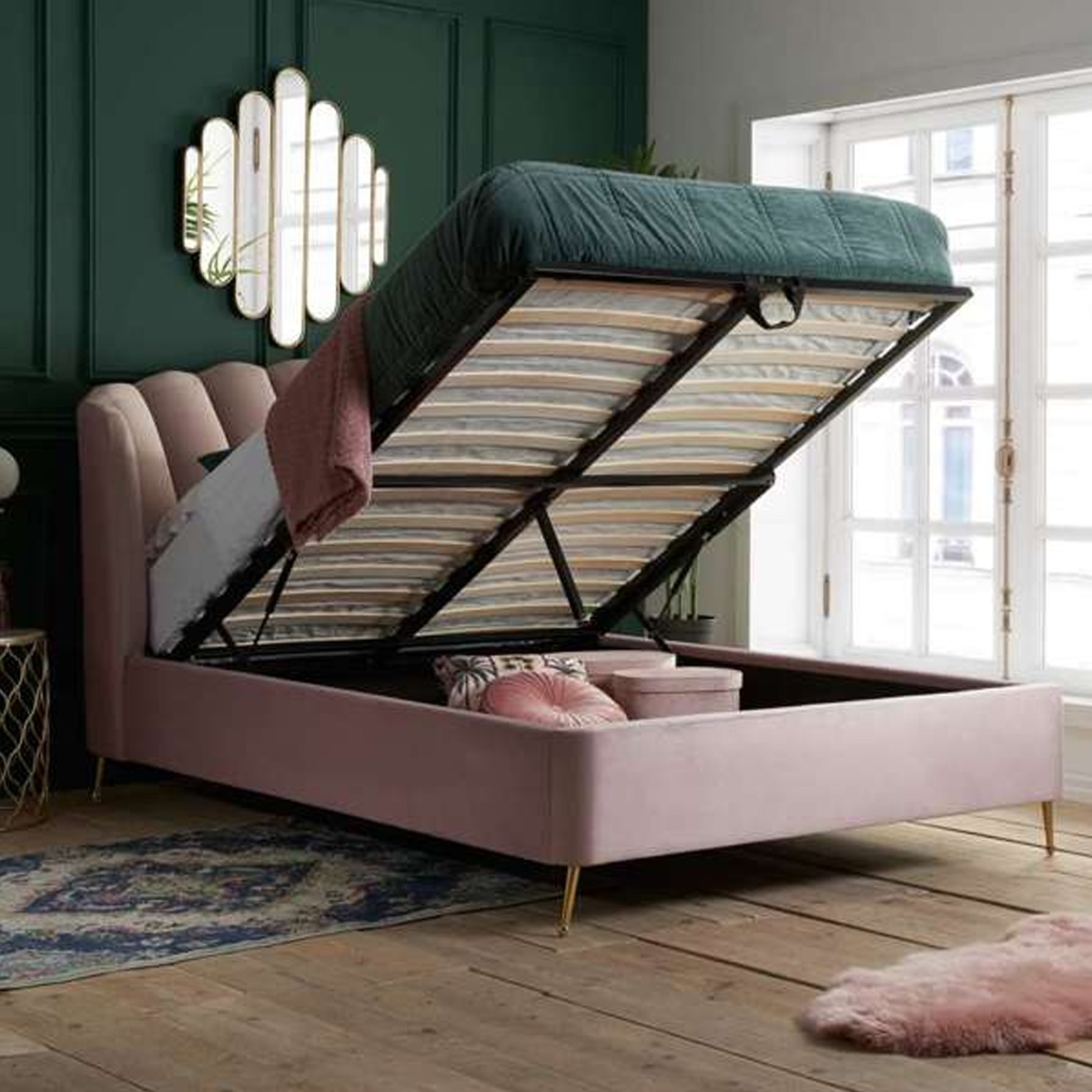 Lottie Upholstered Ottoman Pink Bed - Standard Double 4ft6 - Birlea Essentials