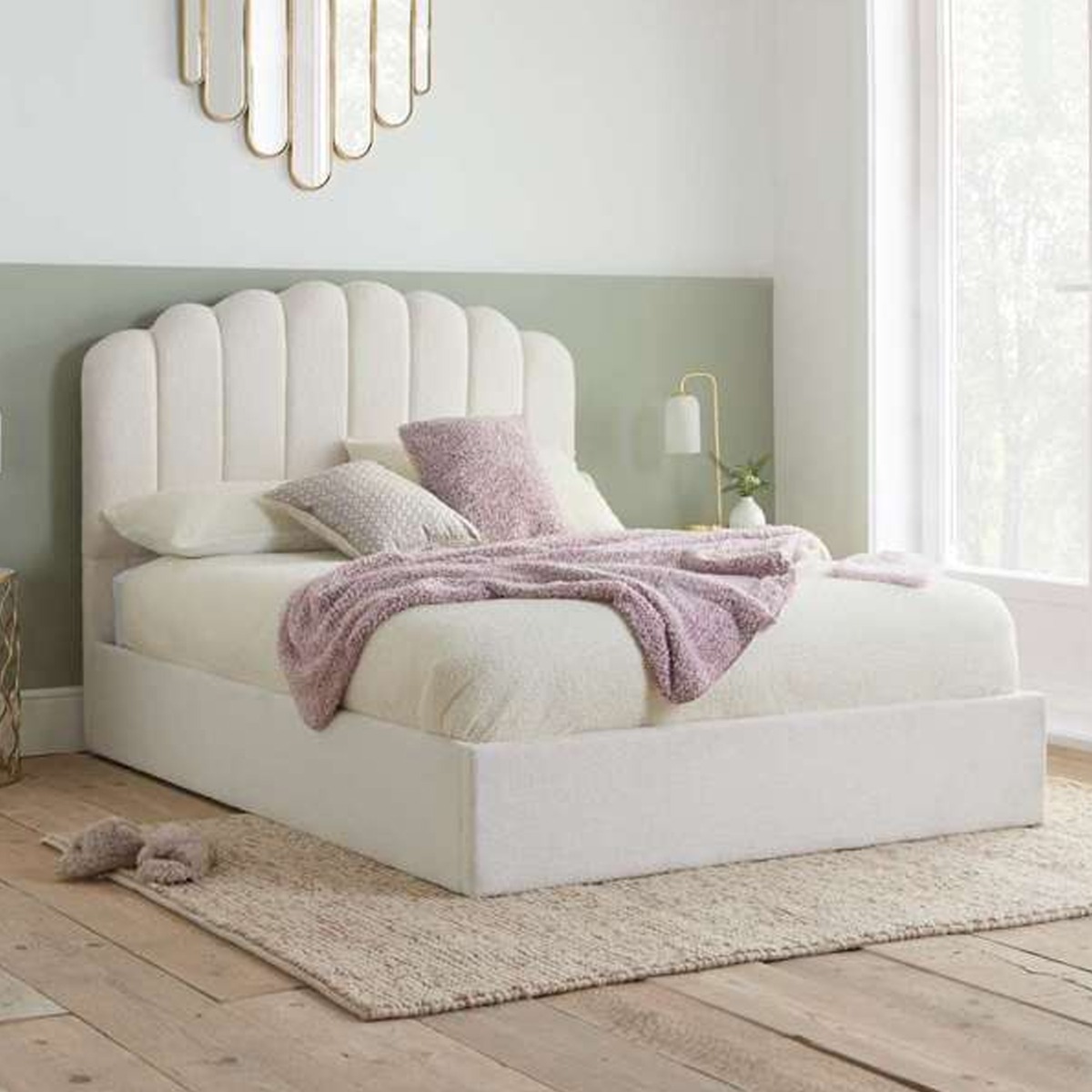 Monaco Fan Shaped Headboard White Fabric Ottoman Bed - Standard Double 4ft6 - Birlea Essentials