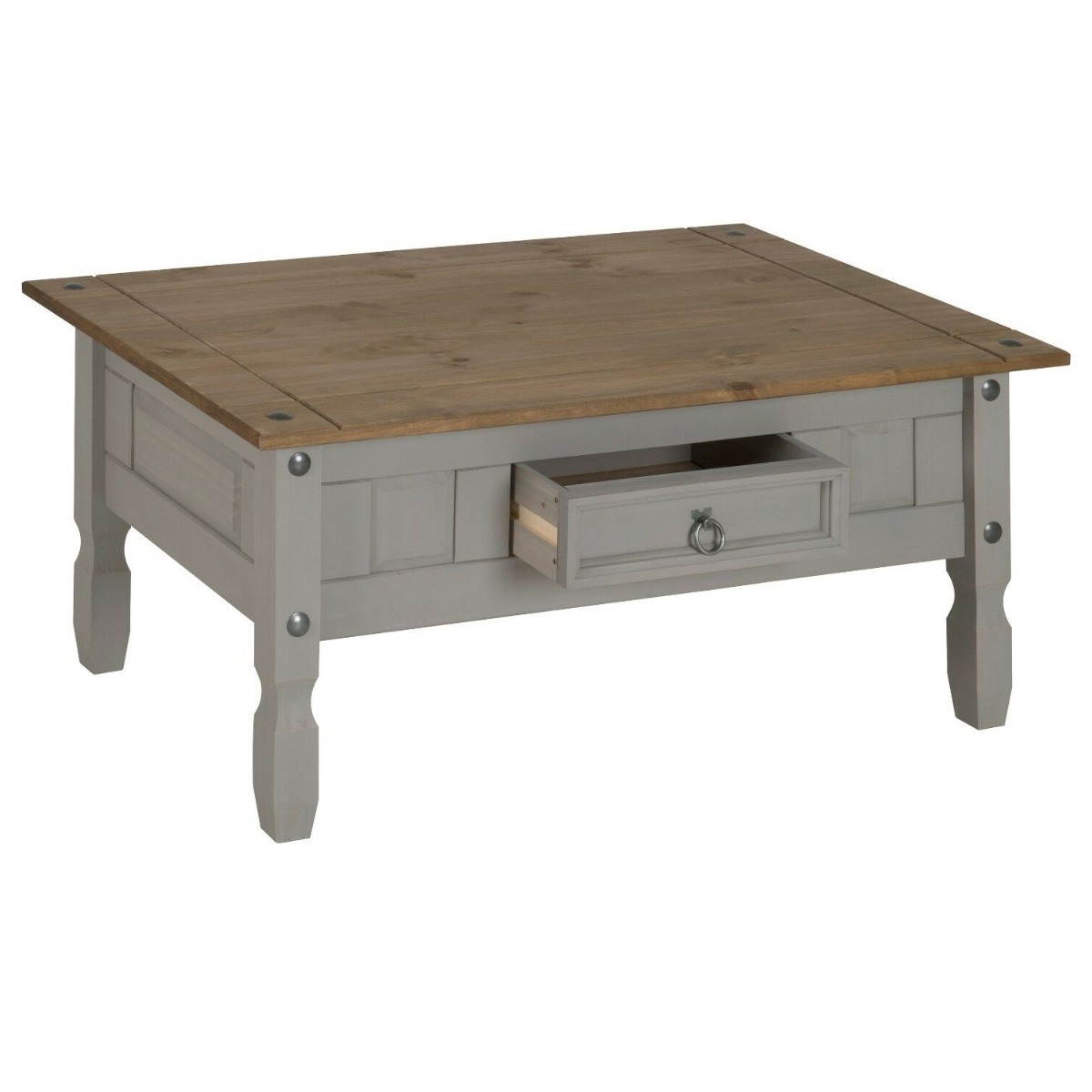Corona Coffee Table Solid Pine 1 Drawer - Grey Wax - Bedroom & More