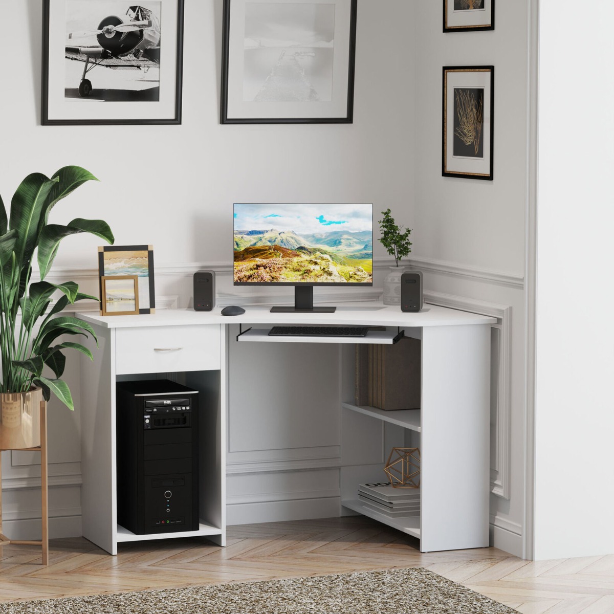 Super Space Saving L Shaped Corner Computer Desk with 2 Shelves, Keyboard Tray - White - Bedroom & More