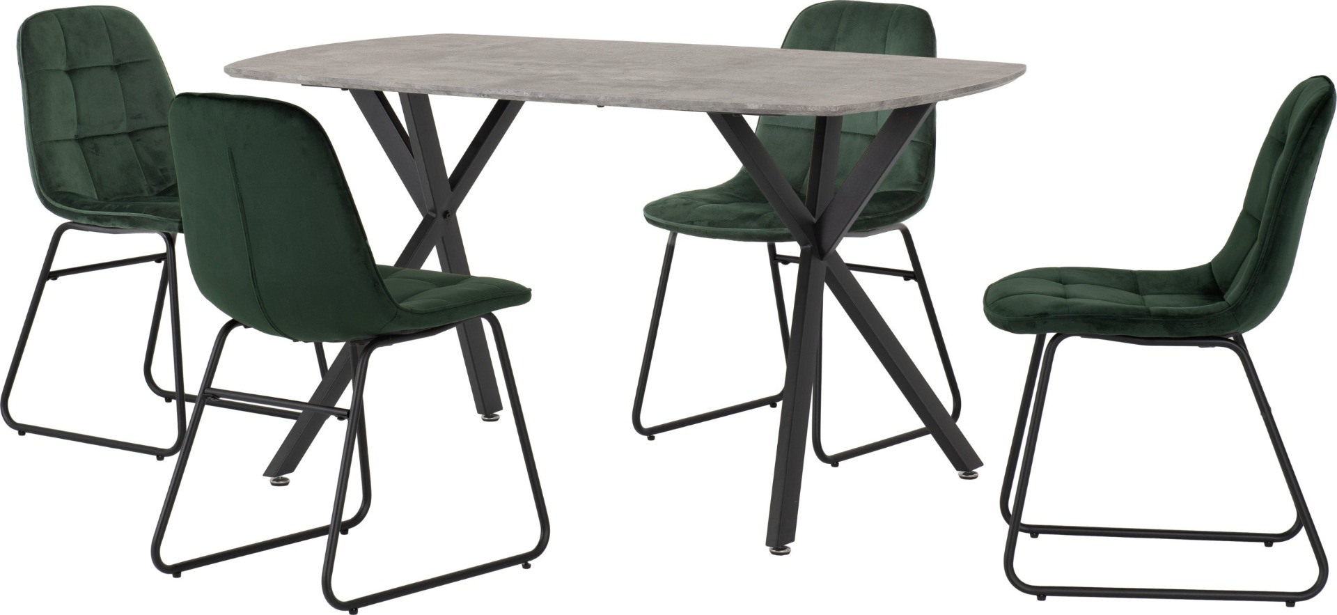 Athens Rectangular Dining Set with Lukas Chairs - Concrete Effect Black Emerald Green Velvet - Budget Deals