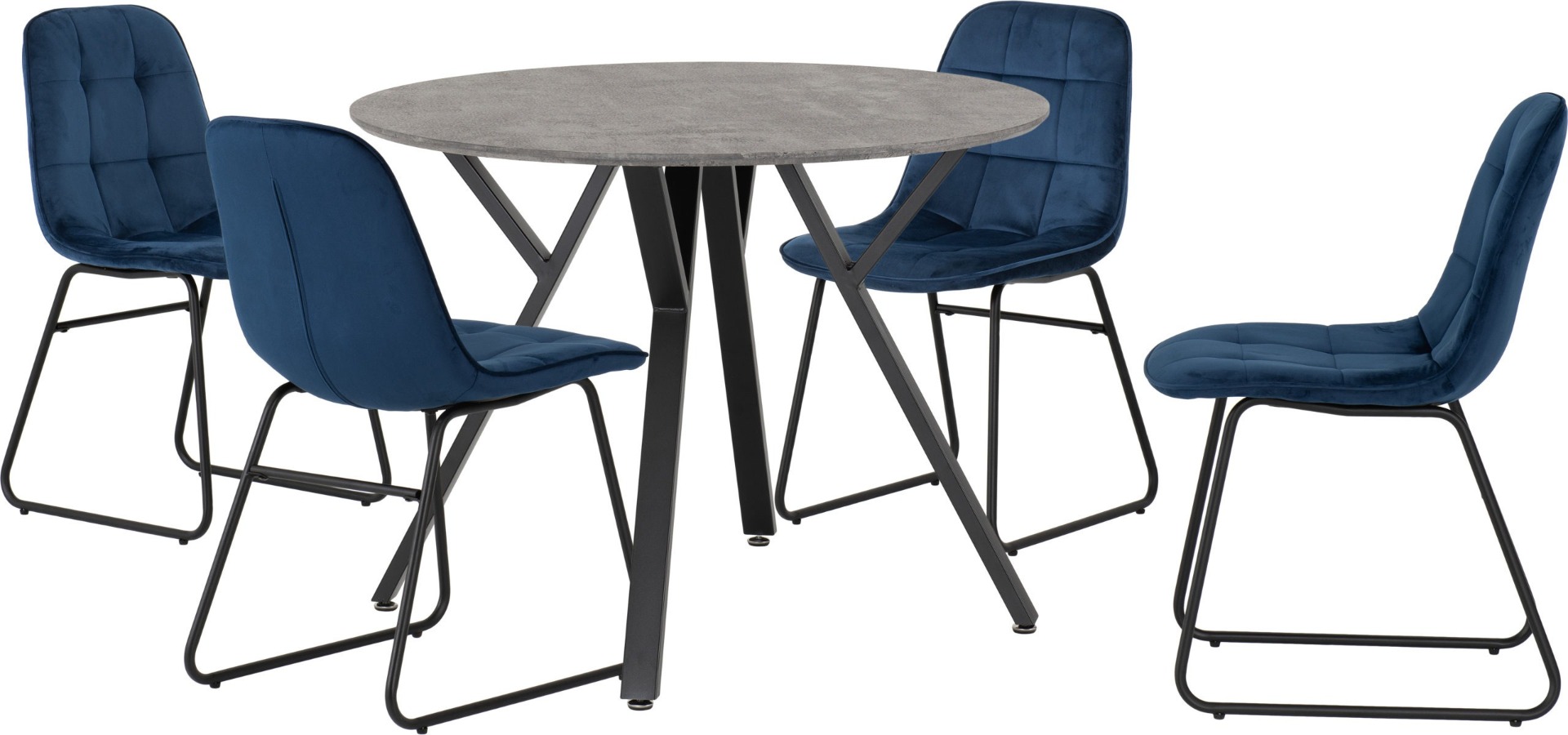 Athens Round Dining Set with Lukas Chairs - Concrete Effect Black Sapphire Blue Velvet - Budget Deals