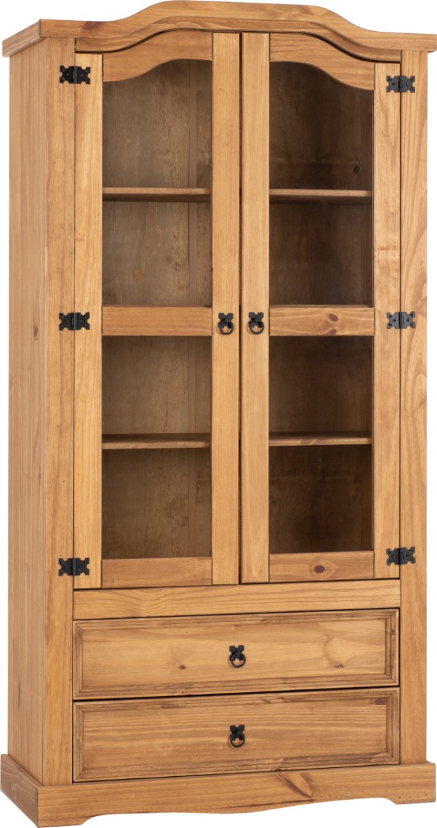 Corona 2 Door 2 Drawer Glass Display Unit - Distressed Waxed Pine Clear Glass - Budget Deals