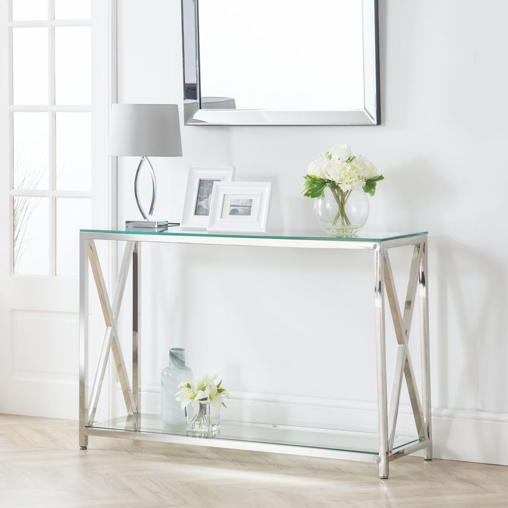 Miami Stainless Steel Cross Frame Design Console Table - Tempered Glass - JB Collections