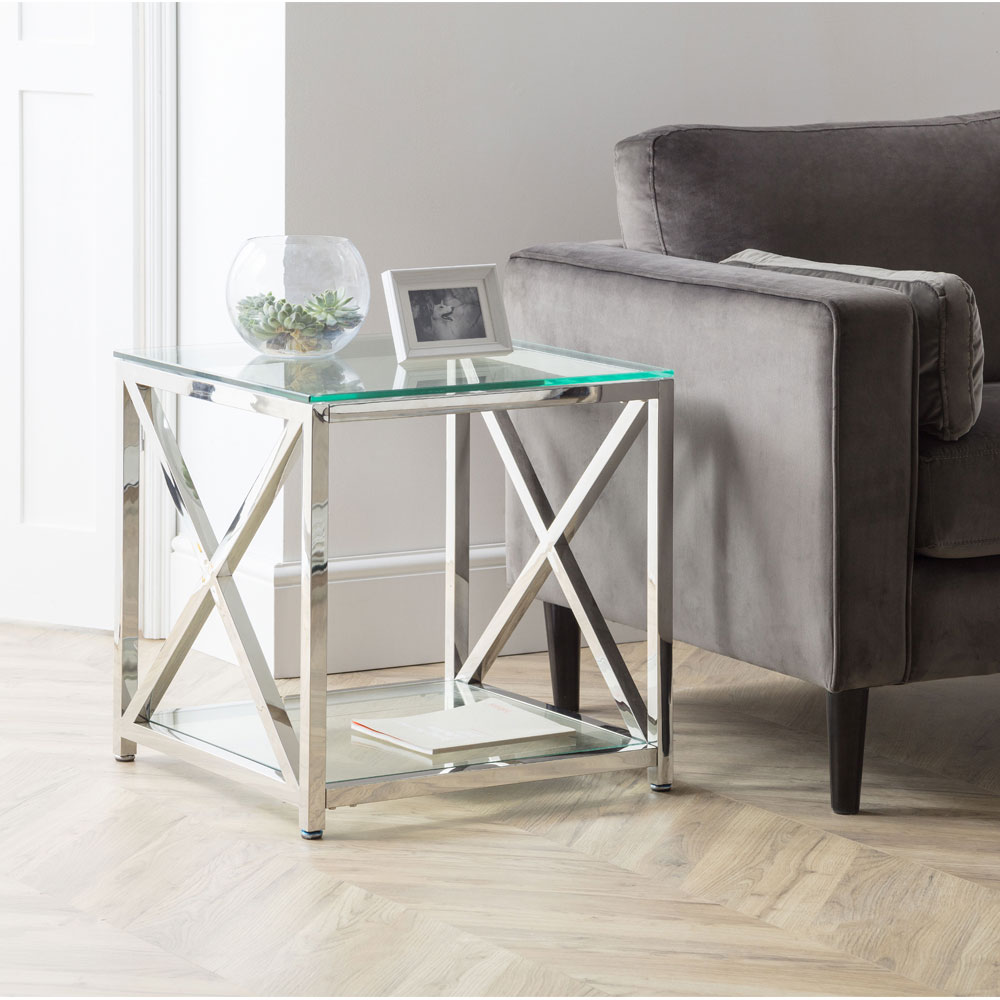 Miami Stylish Cross Frame Design Side End Table - Tempered Glass - JB Collections