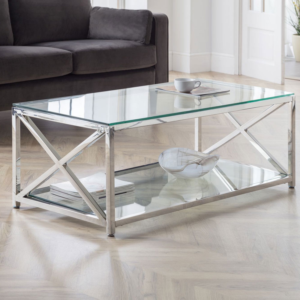 Miami Stainless Steel Cross Frame Design Coffee Table - Tempered Glass - JB Collections