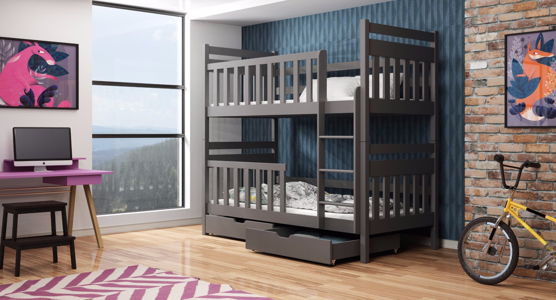 Montreal Wooden Bunk Bed with 2 Drawers Storage and Foam Mattress - Graphite - Art Nest