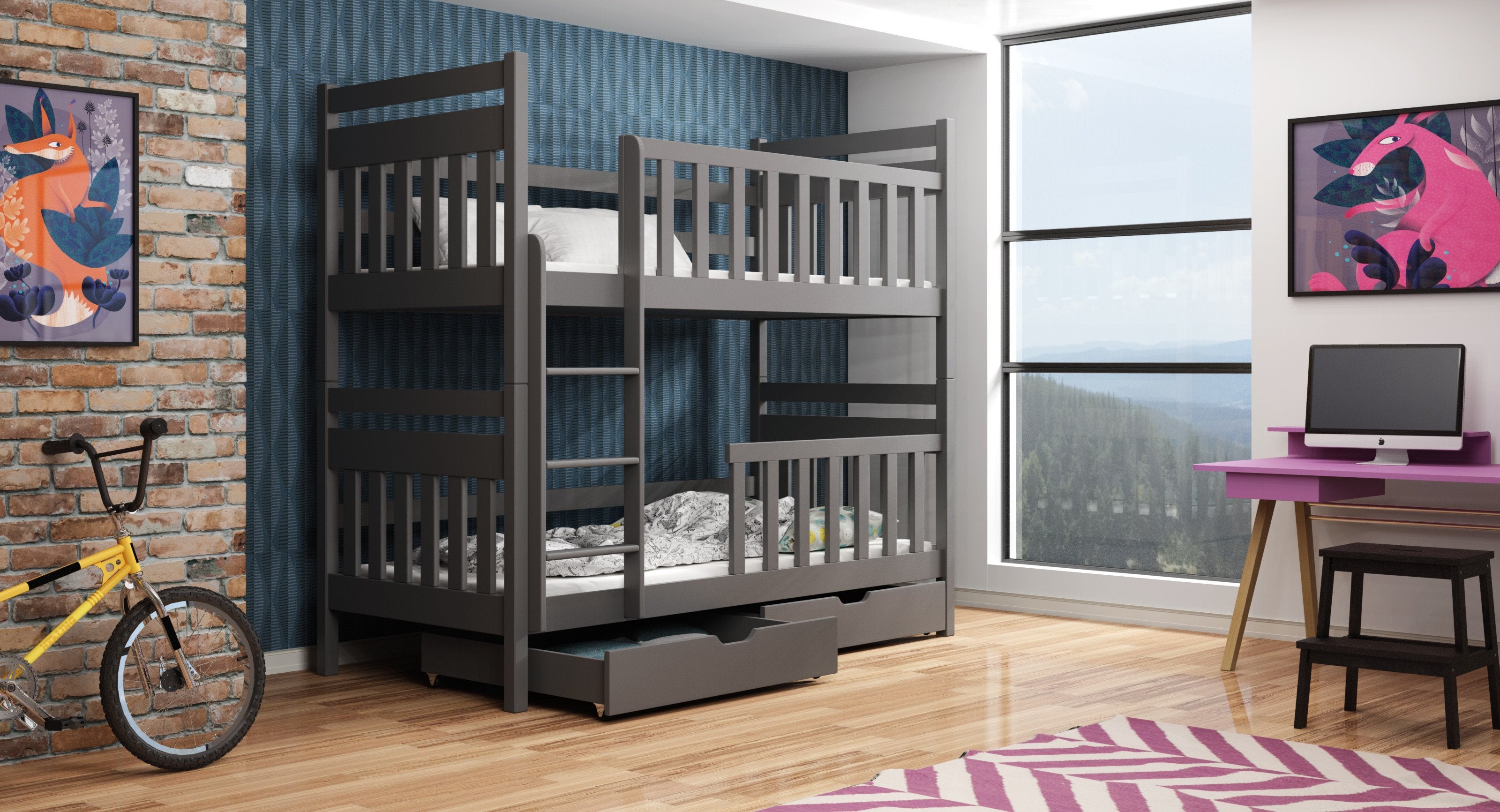 Montreal Wooden Bunk Bed with 2 Drawers Storage - Graphite - Art Nest