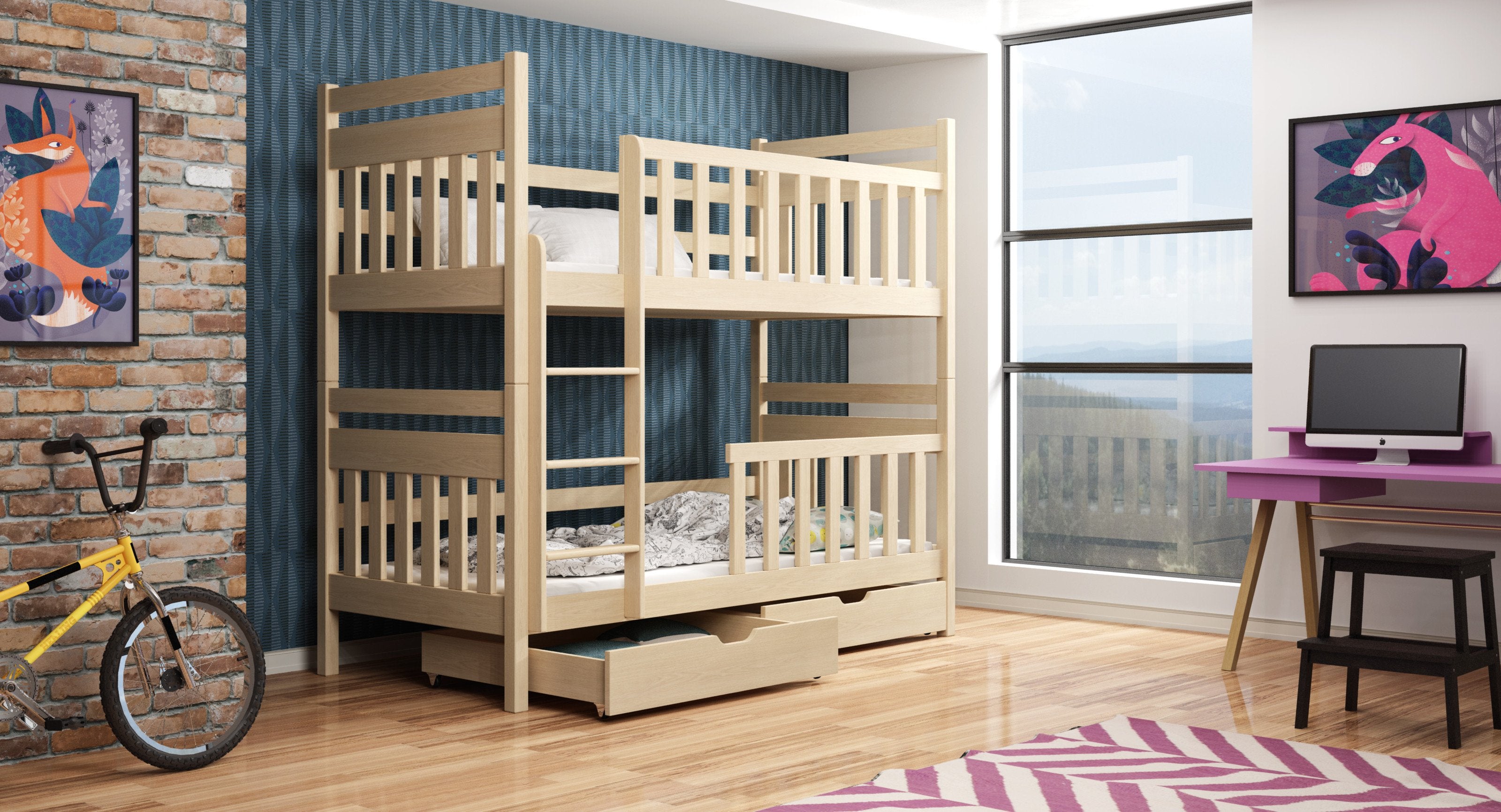 Montreal Wooden Bunk Bed with 2 Drawers Storage - Pine - Art Nest