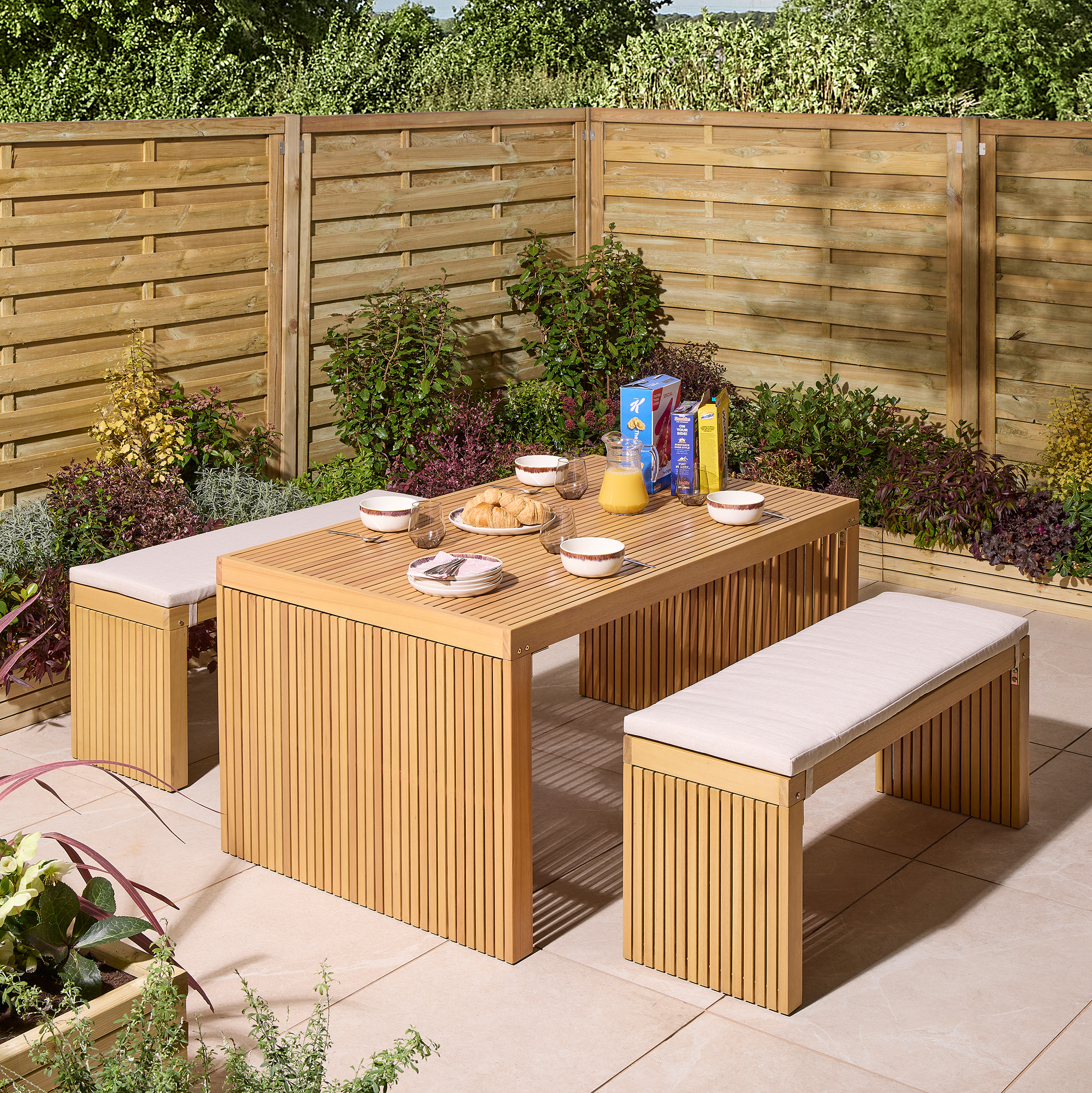 CLOVETT Garden 4 Seater Table and Bench Set - Oak Finish - Etta Gardens