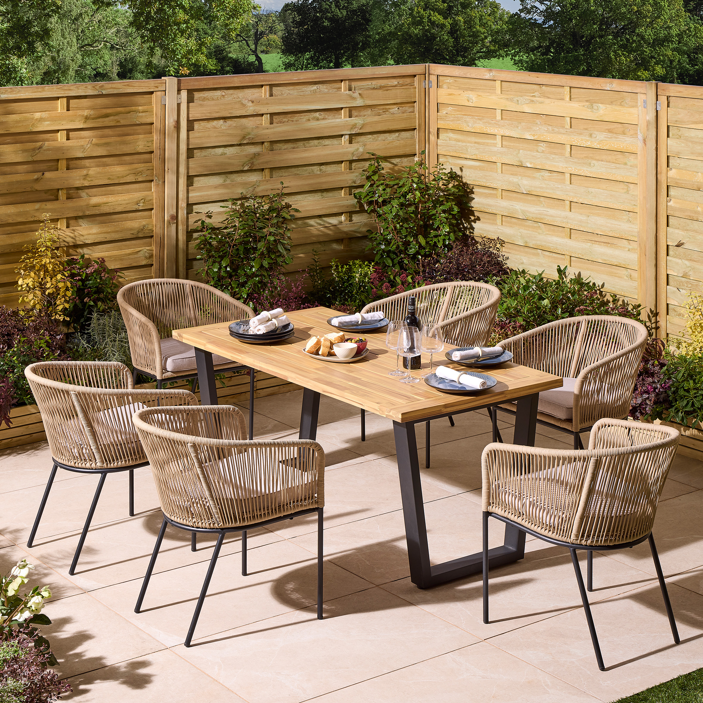 HARROWIN Garden 6 Seater Table and Chair Set, 160cm - Oak Finish - Etta Gardens