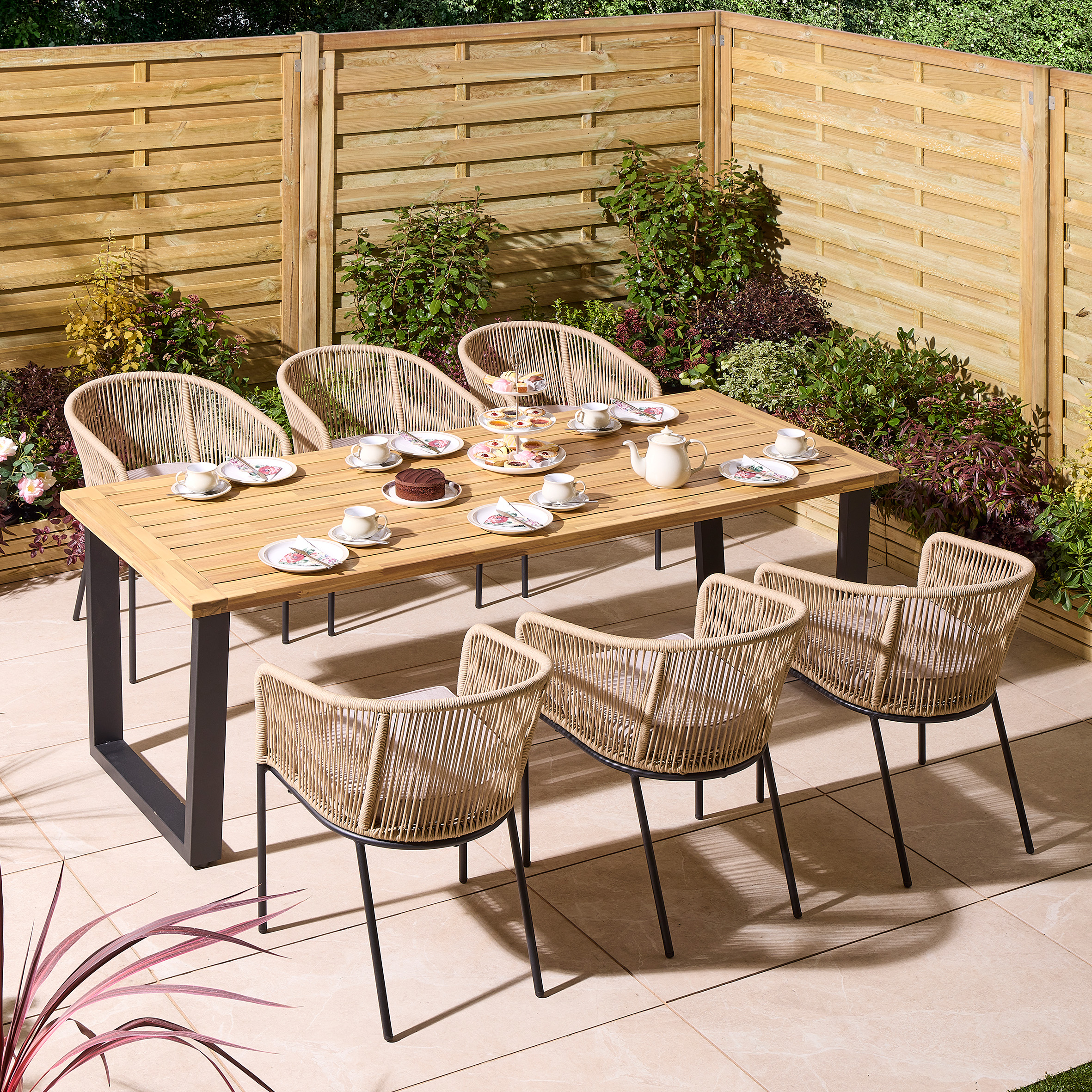 HARROWIN Garden 6 Seater Table and Chair Set, 210cm - Oak Finish - Etta Gardens