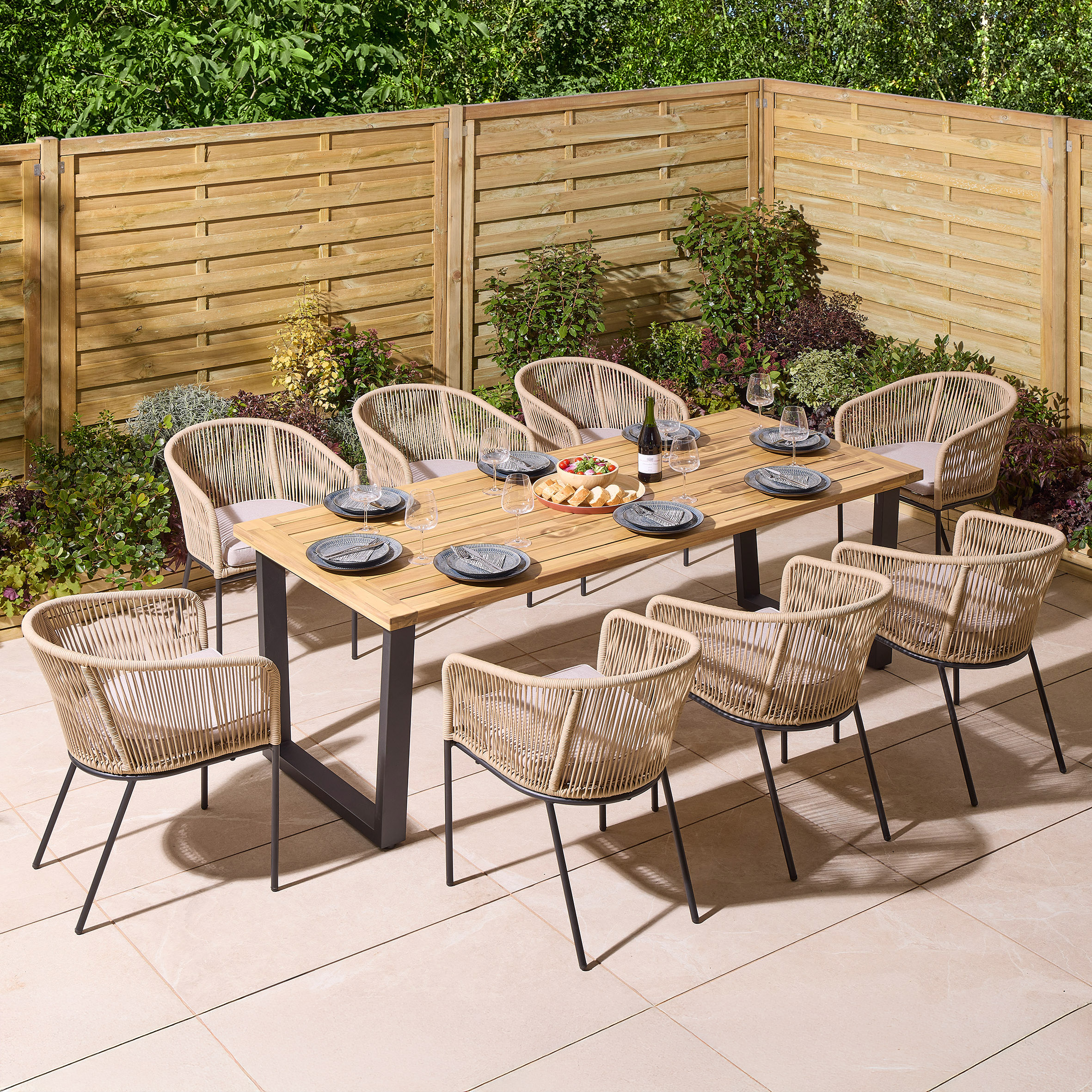 HARROWIN Garden 8 Seater Table and Chair Set, 210cm - Oak Finish - Etta Gardens