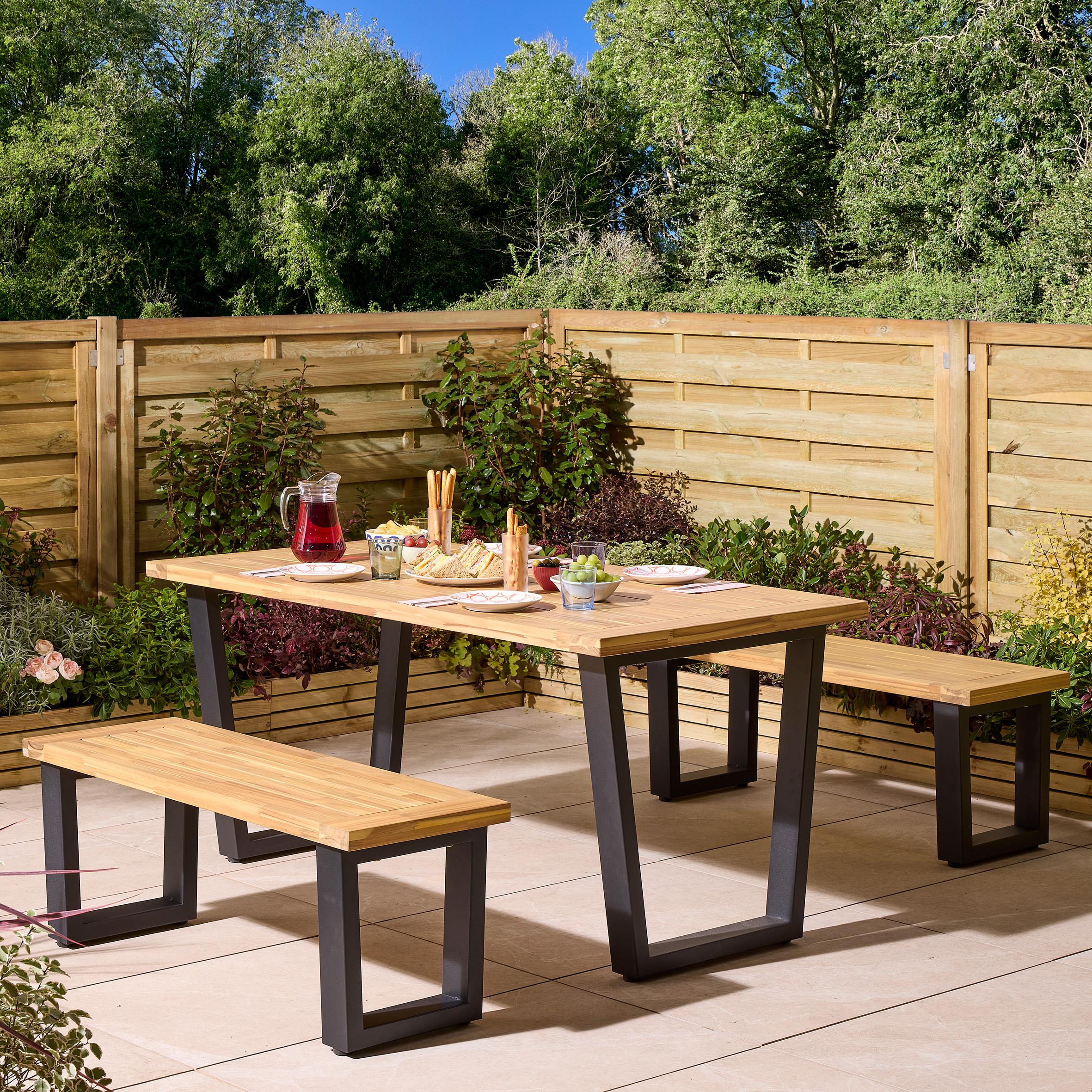 BRINDLEIGH Garden 4 Seater Table and Bench Set - Oak Finish - Etta Gardens