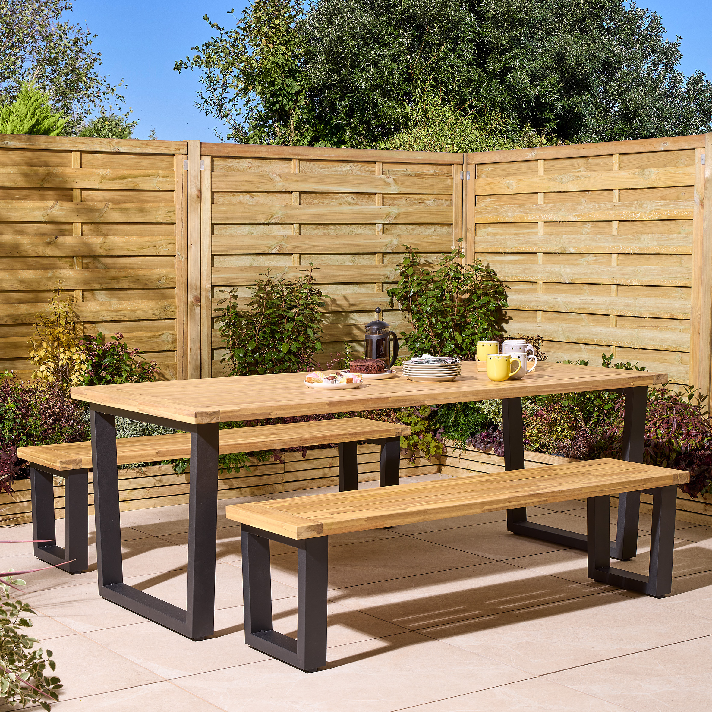 BRINDLEIGH Garden 6 Seater Table and Bench Set - Oak Finish - Etta Gardens
