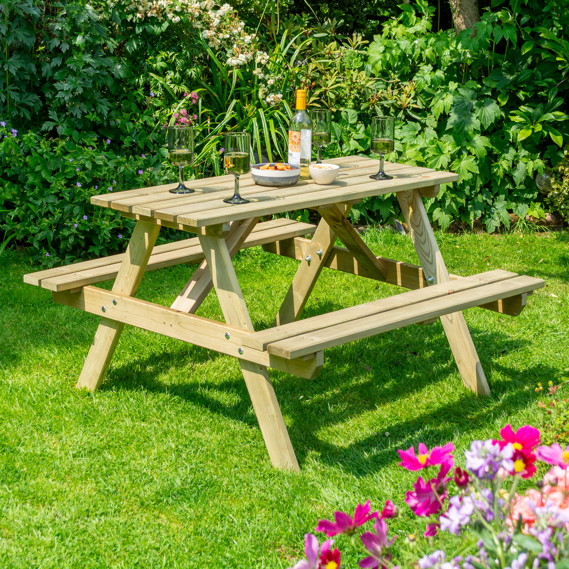 FENSWICK Garden Picnic Table and Bench Set, 120cm - Oak Finish - Etta Gardens
