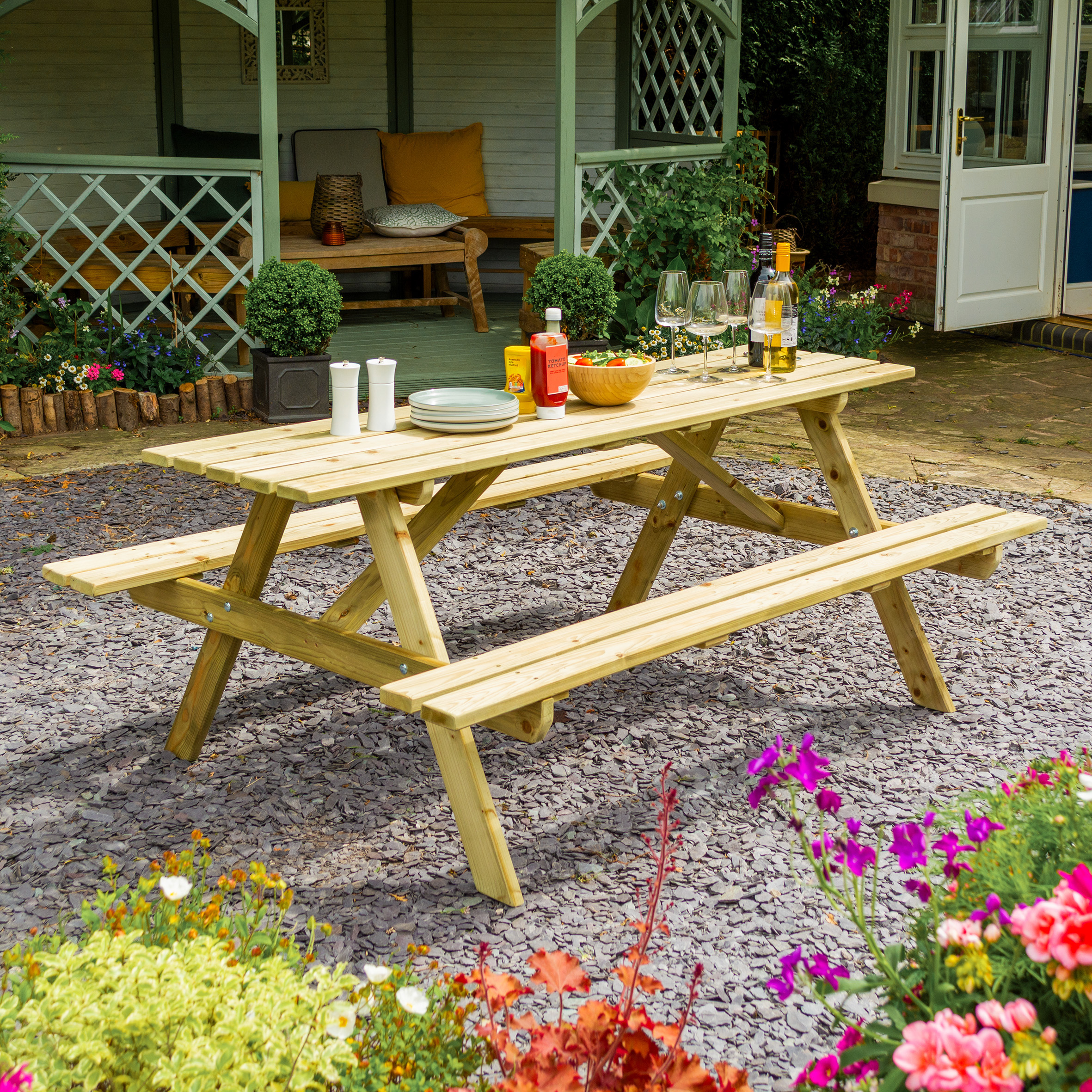 FENSWICK Garden Picnic Table and Bench Set, 180cm - Oak Finish - Etta Gardens
