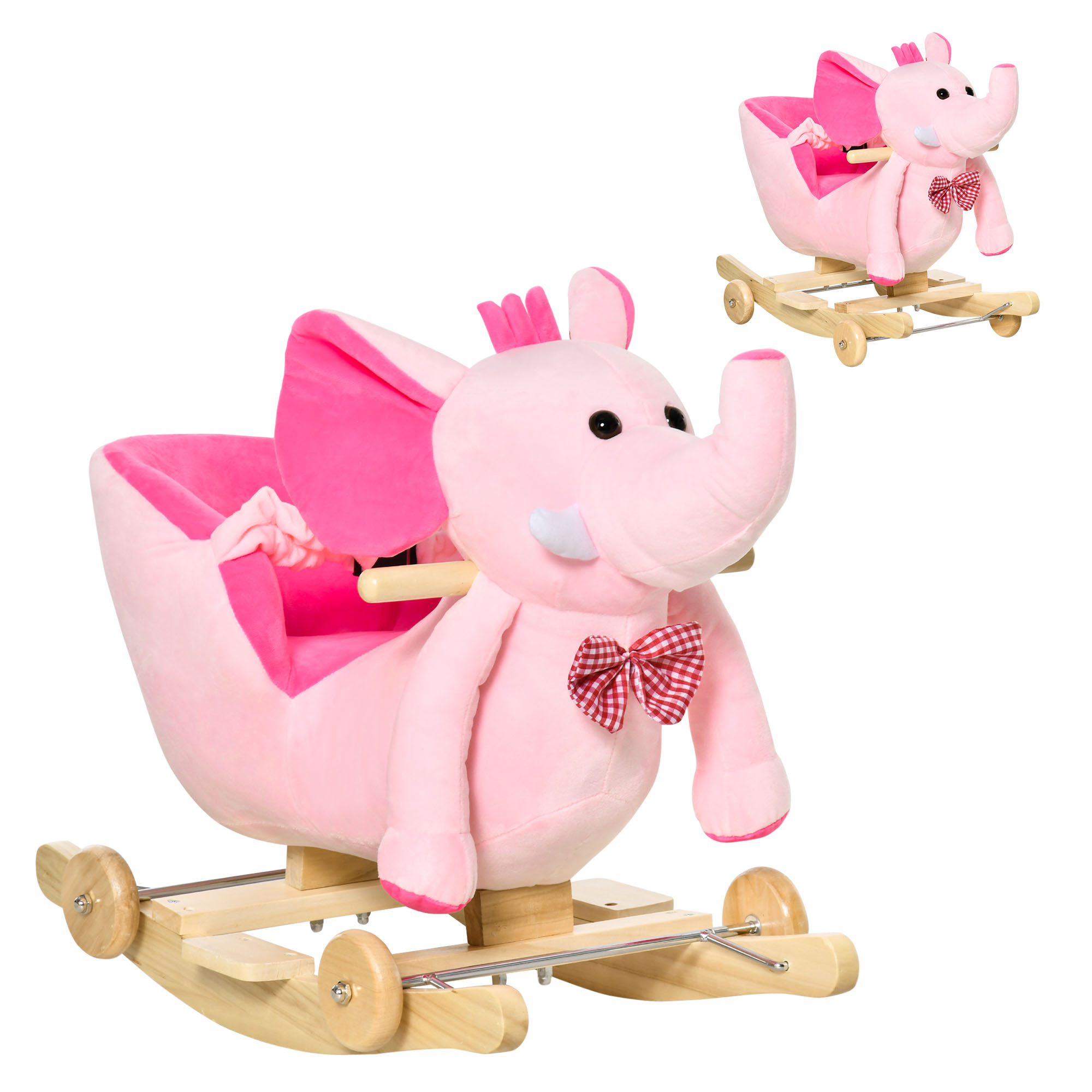 2 In 1 Plush Baby Ride on Rocking Horse Elephant Rocker with Wheels Wooden Toy for Kids 32 Songs (Pink) - Life Essentials