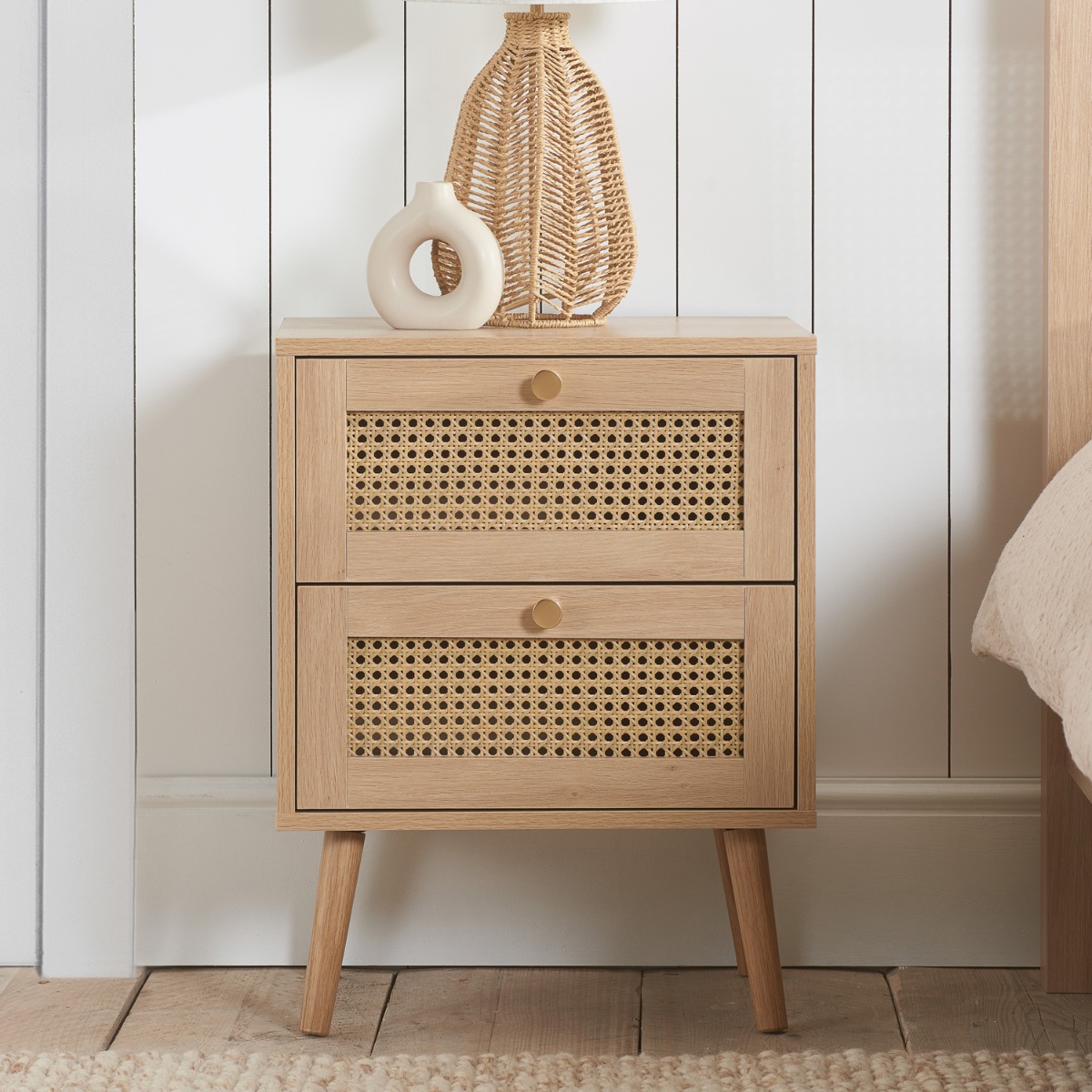 Bedside Table - CROXLEY 2 Drawer Nightstand Oak 34cm - Birlea Essentials