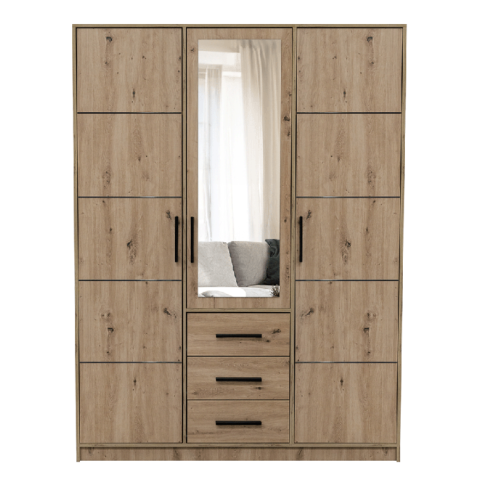 AVERTON 3 Door Mirrored Wardrobe with 3 Drawers Medium Oak - 149cm - Avellino & Wells