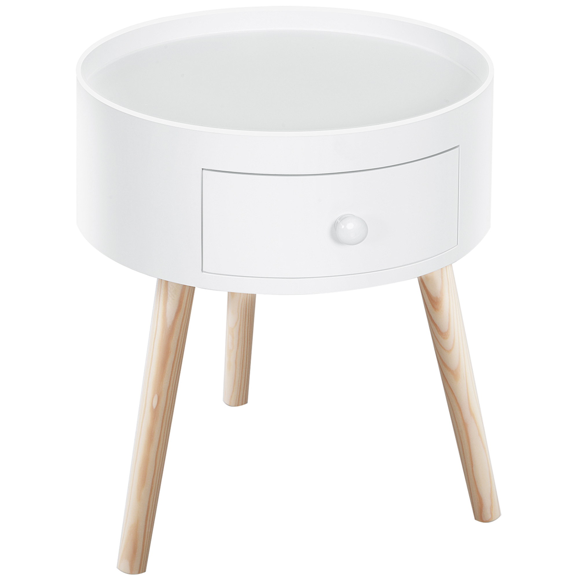 Modern Round Coffee Table Wooden Side Table Living Room Storage Unit w/Drawer Wood Leg - White - Life Essentials