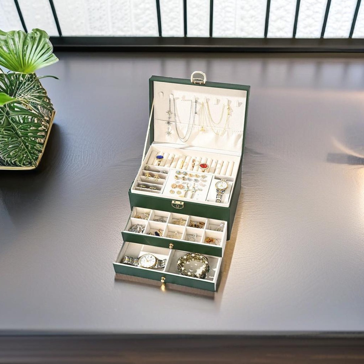 XYLVIAN Jewellery Box Large 3-Layer Organizer with Lock and Necklace Storage - Green - The Urban Forge