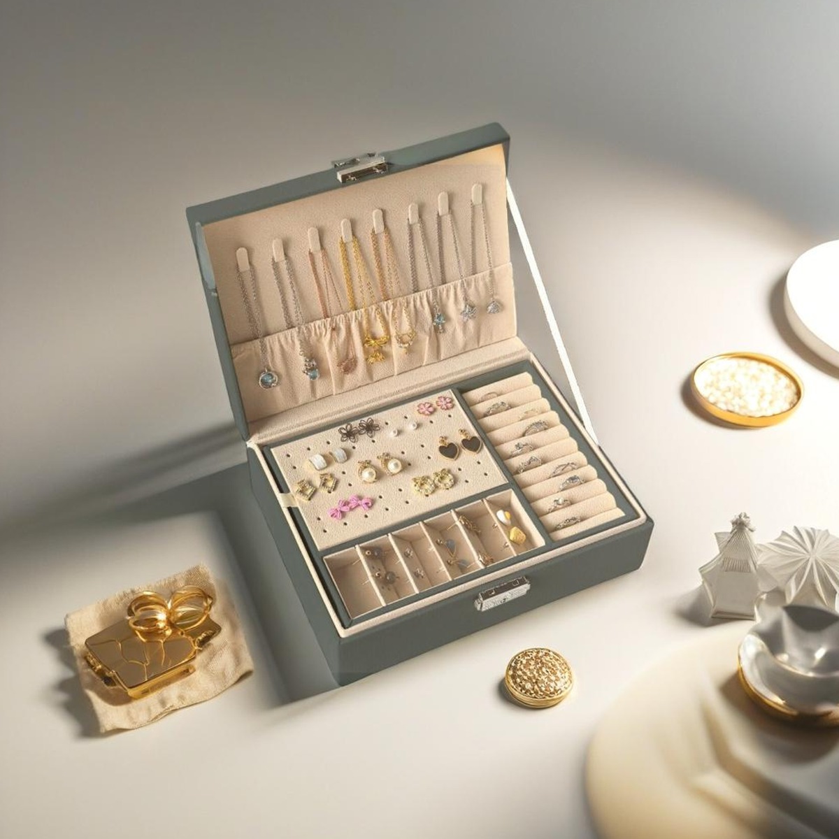 XYLVIAN Jewellery Box 2-Layer Lockable Organizer Case for Rings and Necklaces - White - The Urban Forge