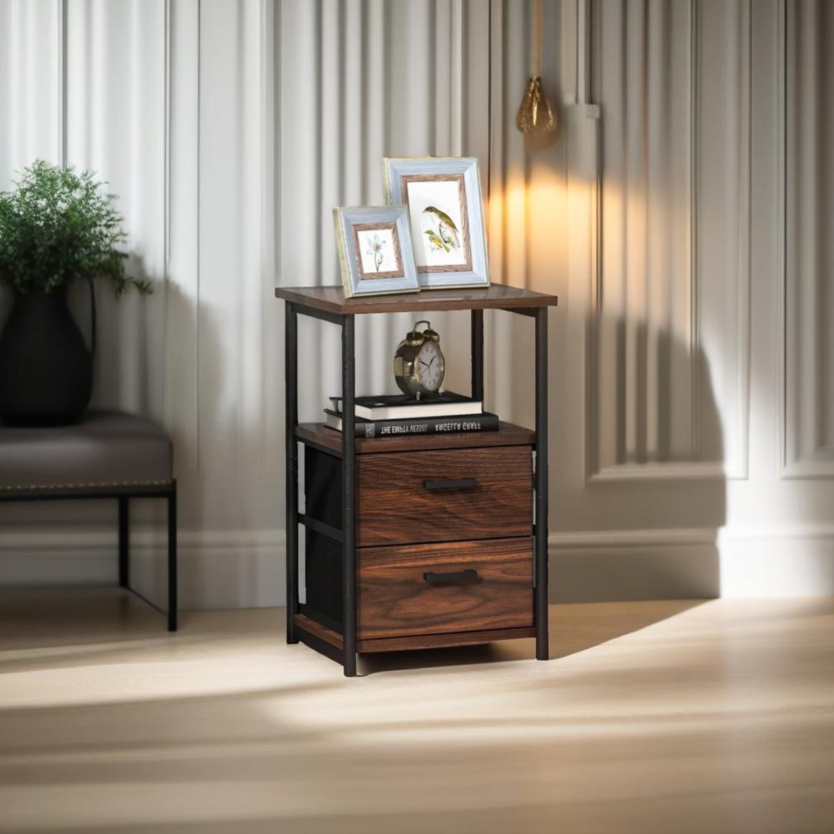 QUENTARA Bedside Table Metal Frame Nightstand with Wooden Top and Drawers - Rustic Brown - The Urban Forge