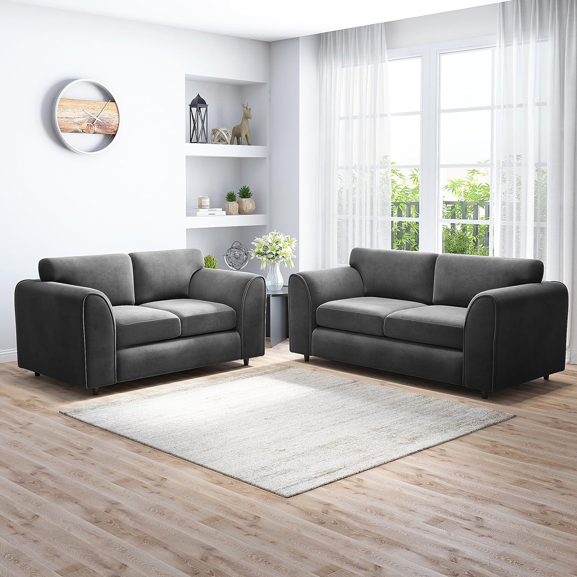 DELANO Plush Velvet 3 and 2 Seater Fullback Sofa Set - Black - Home Done