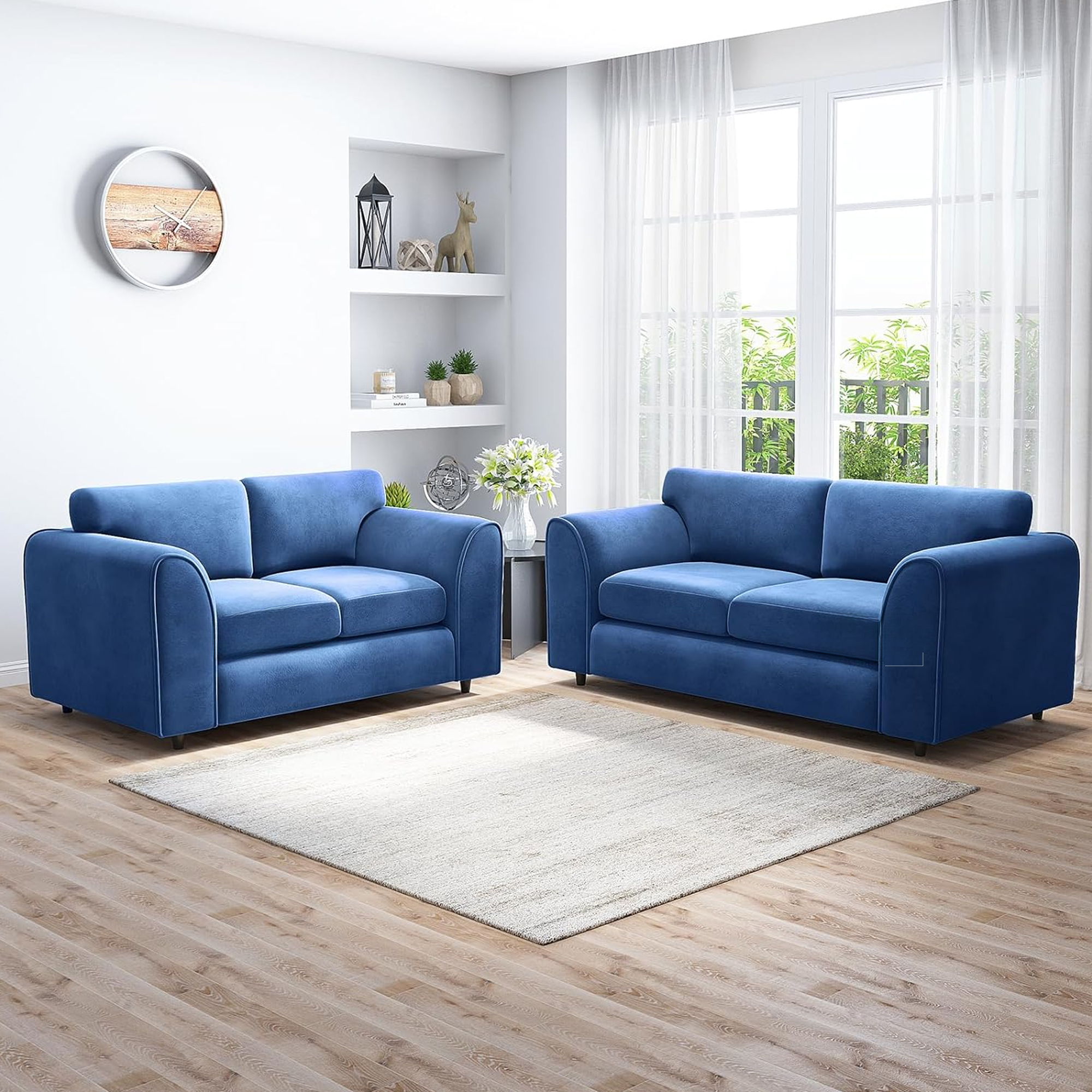 DELANO Plush Velvet 3 and 2 Seater Fullback Sofa Set - Midnight Blue - Home Done