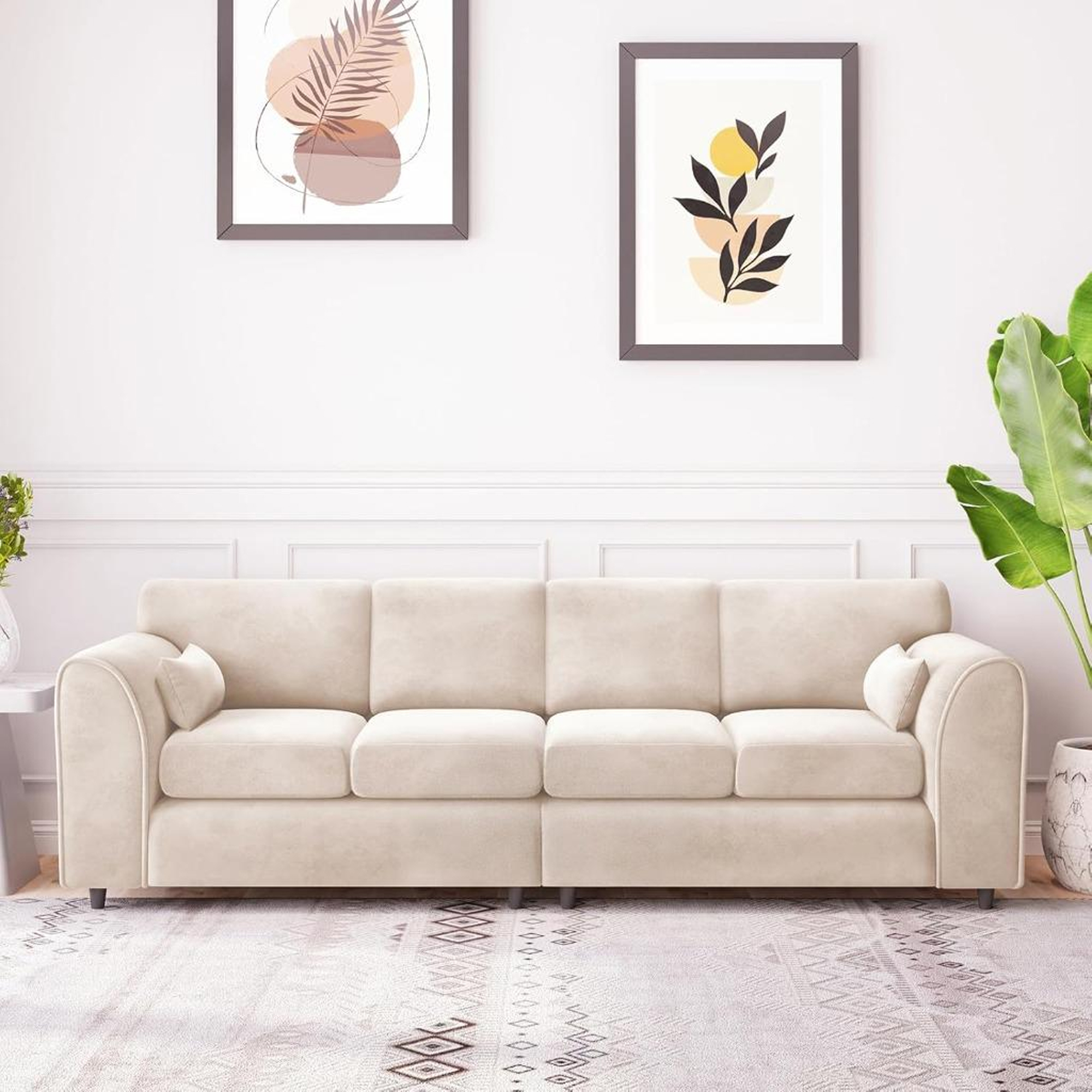 DELANO Plush Velvet 4 Seater Fullback Sofa - Cream - Home Done