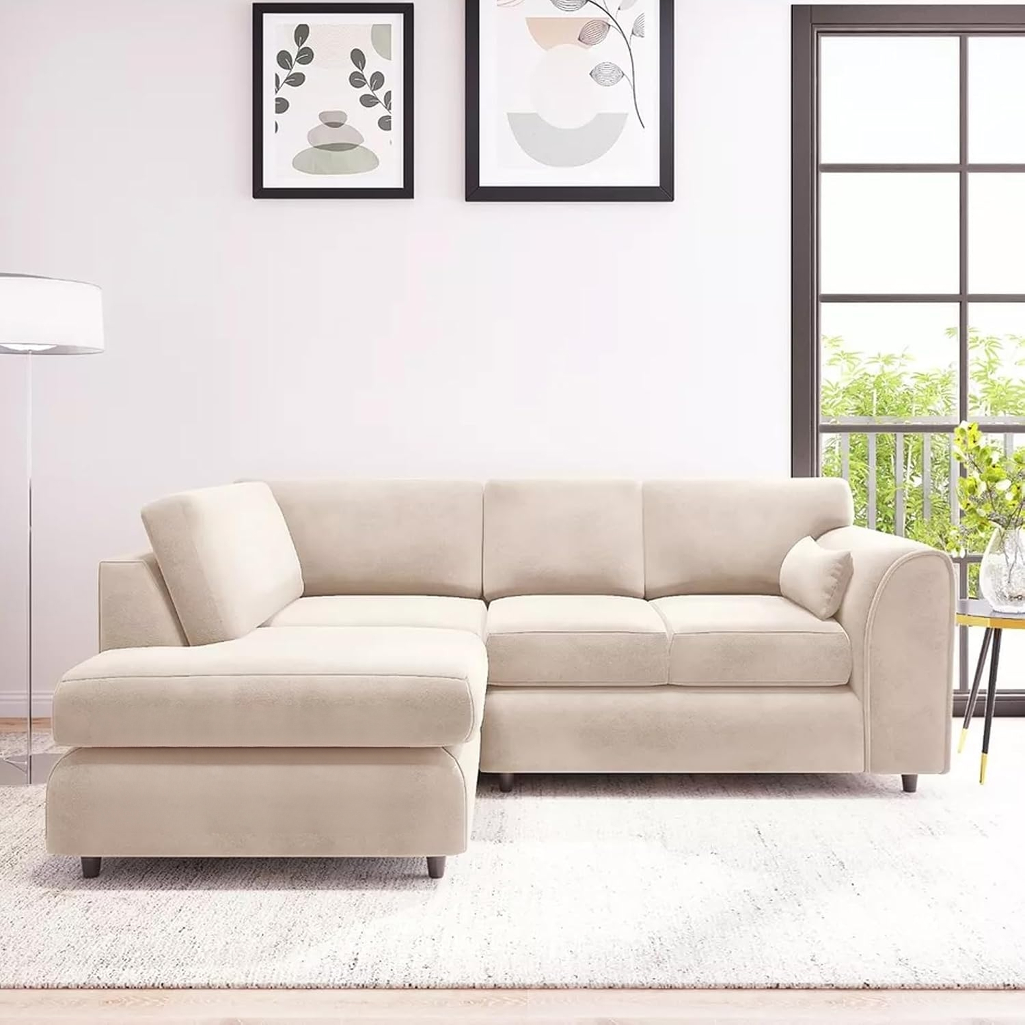 DELANO Plush Velvet 4 Seater L Shaped Fullback Corner Sofa - Cream, Left Hand Facing - Home Done