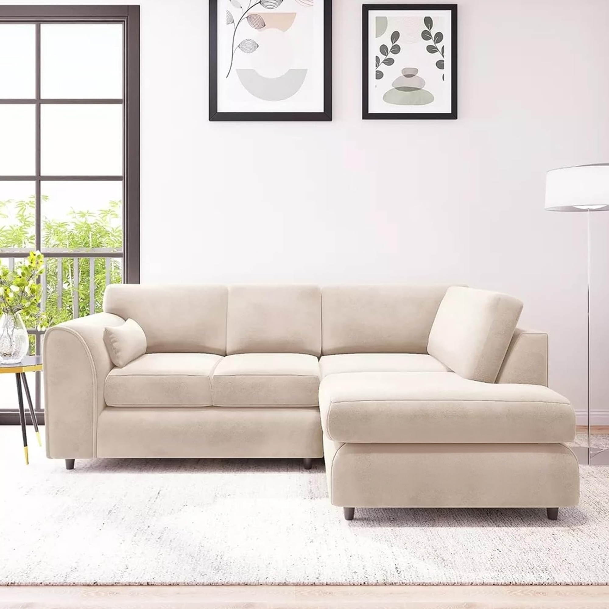 DELANO Plush Velvet 4 Seater L Shaped Fullback Corner Sofa - Cream, Right Hand Facing - Home Done