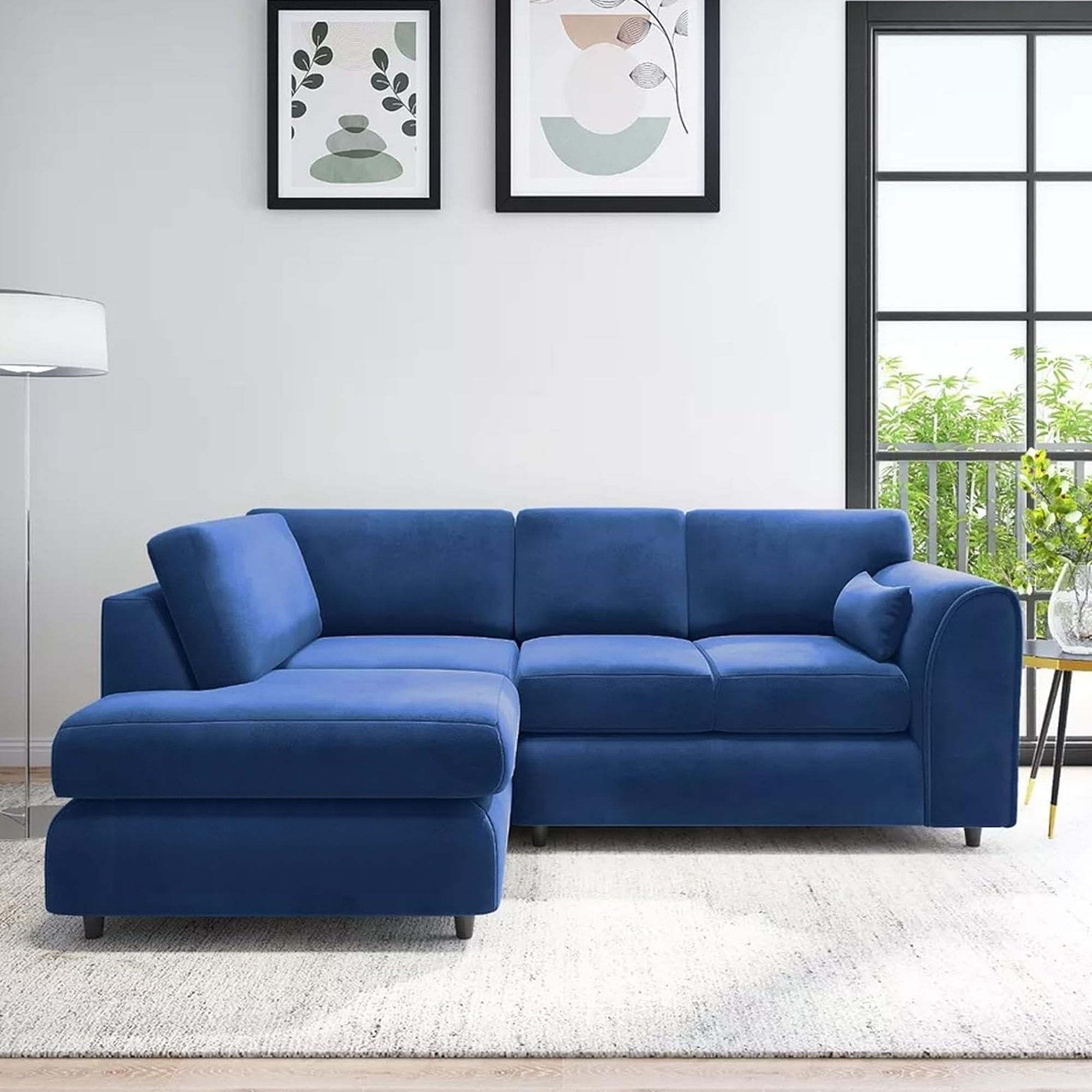 DELANO Plush Velvet 4 Seater L Shaped Fullback Corner Sofa - Midnight Blue, Left Hand Facing - Home Done