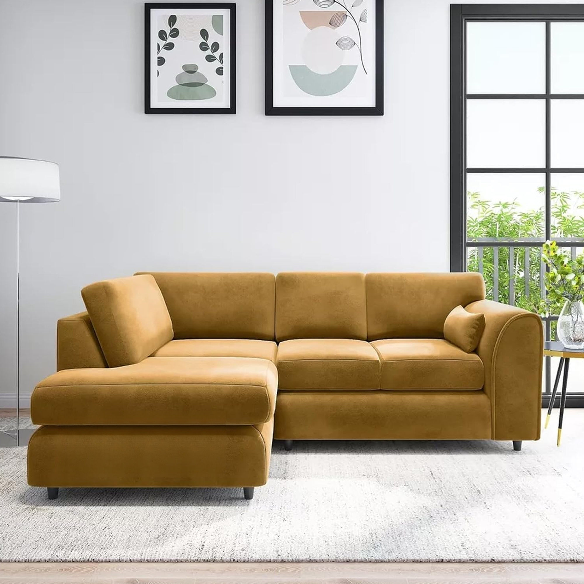 DELANO Plush Velvet 4 Seater L Shaped Fullback Corner Sofa - Mustard, Left Hand Facing - Home Done