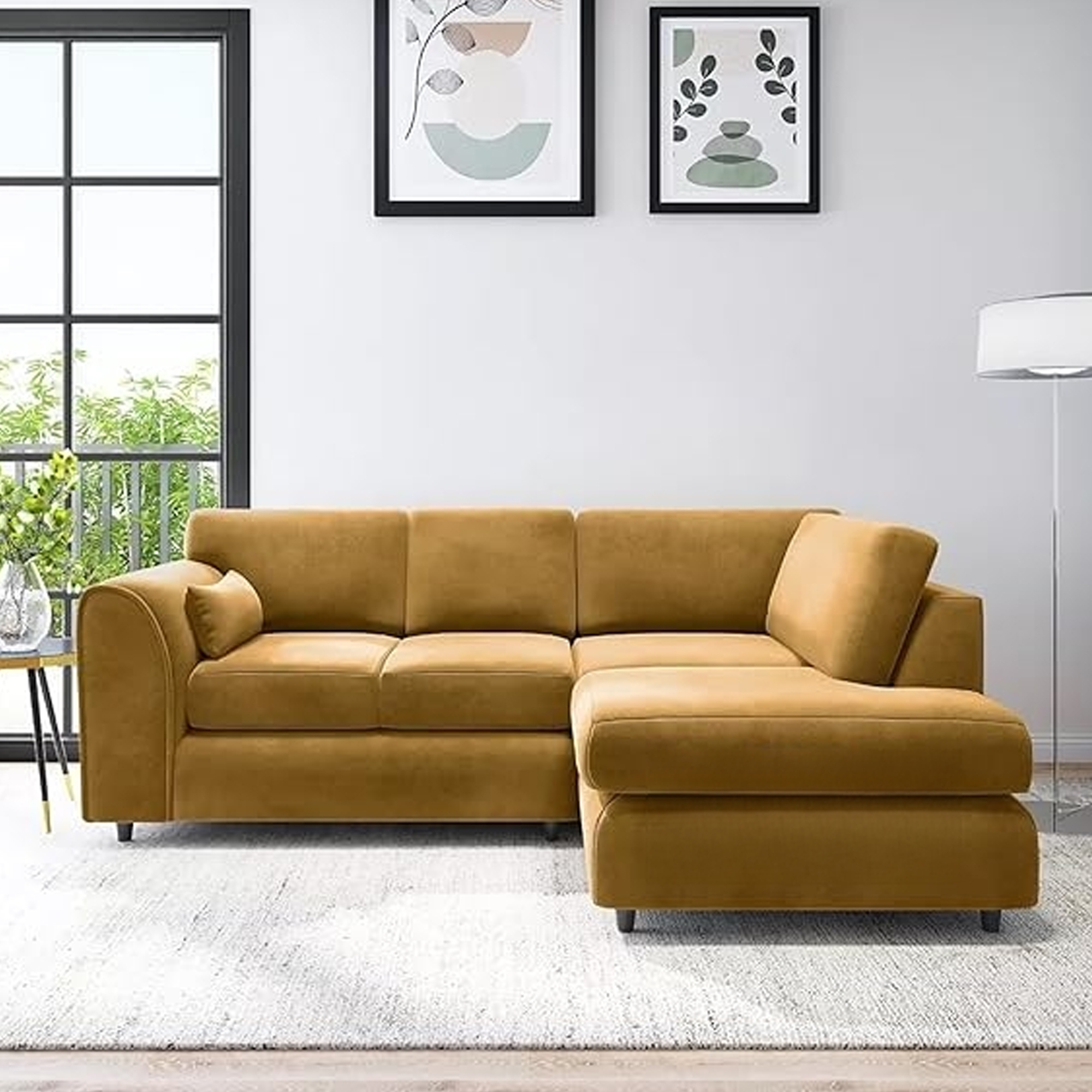 DELANO Plush Velvet 4 Seater L Shaped Fullback Corner Sofa - Mustard, Right Hand Facing - Home Done