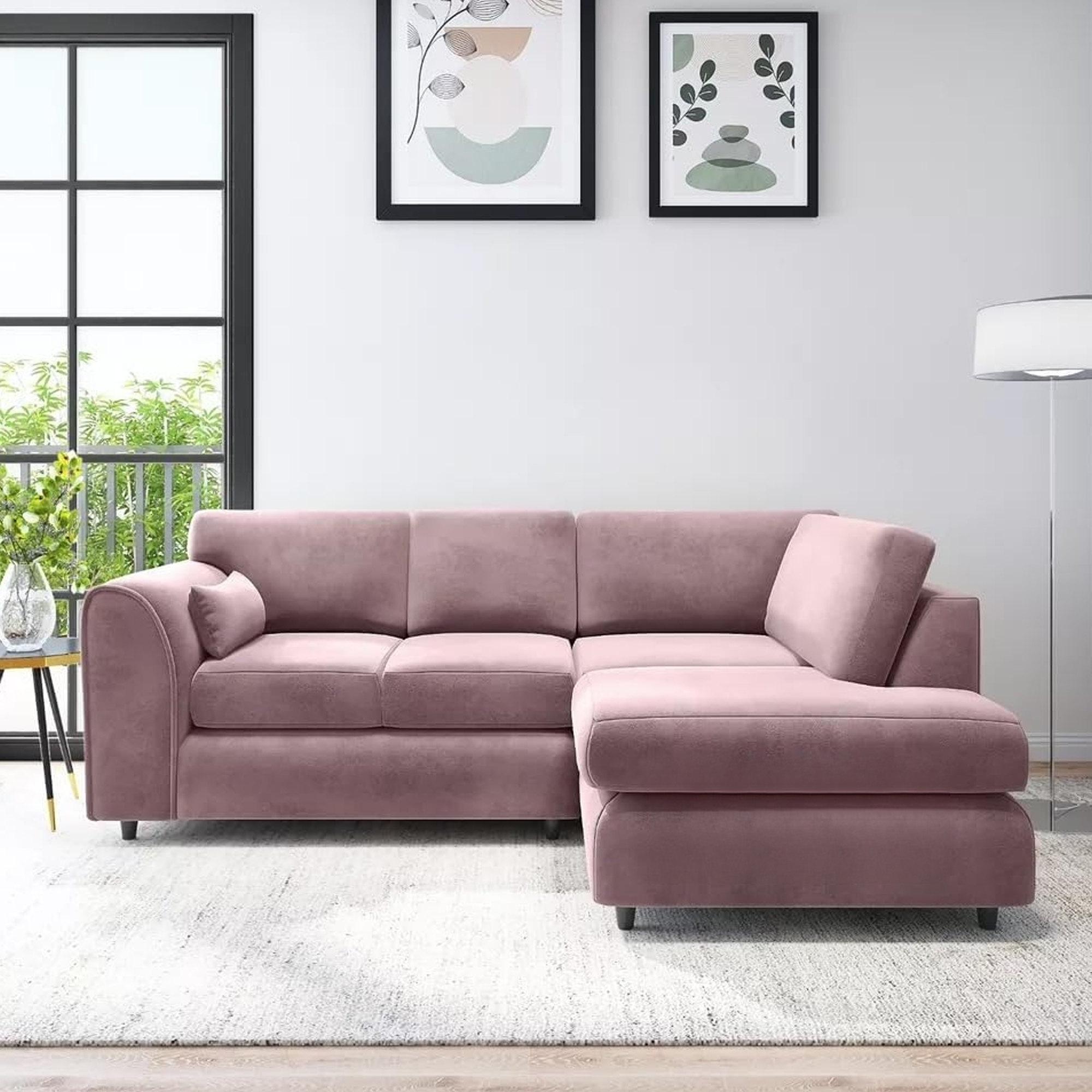DELANO Plush Velvet 4 Seater L Shaped Fullback Corner Sofa - Pink, Right Hand Facing - Home Done