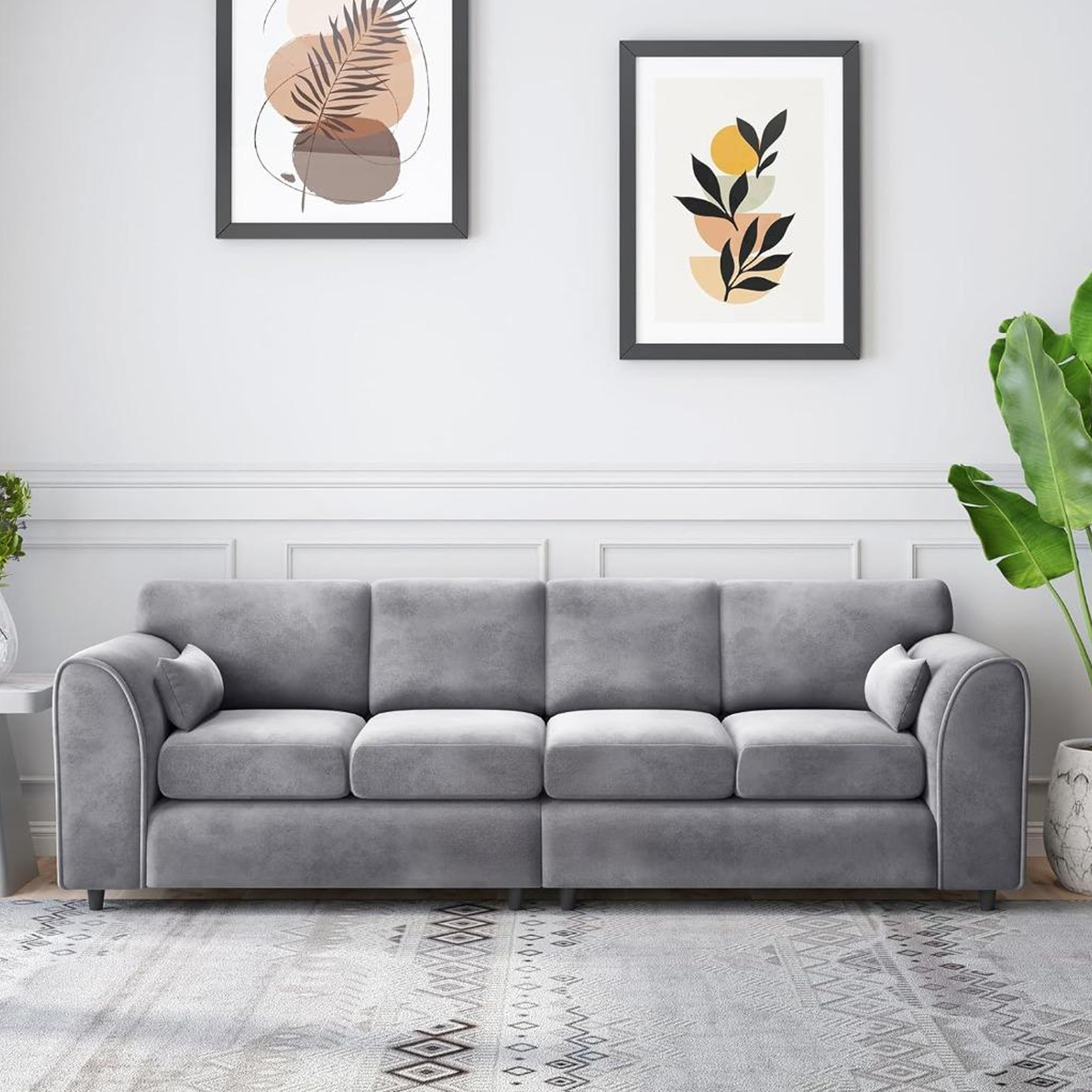 DELANO Plush Velvet 4 Seater Fullback Sofa - Light Grey - Home Done