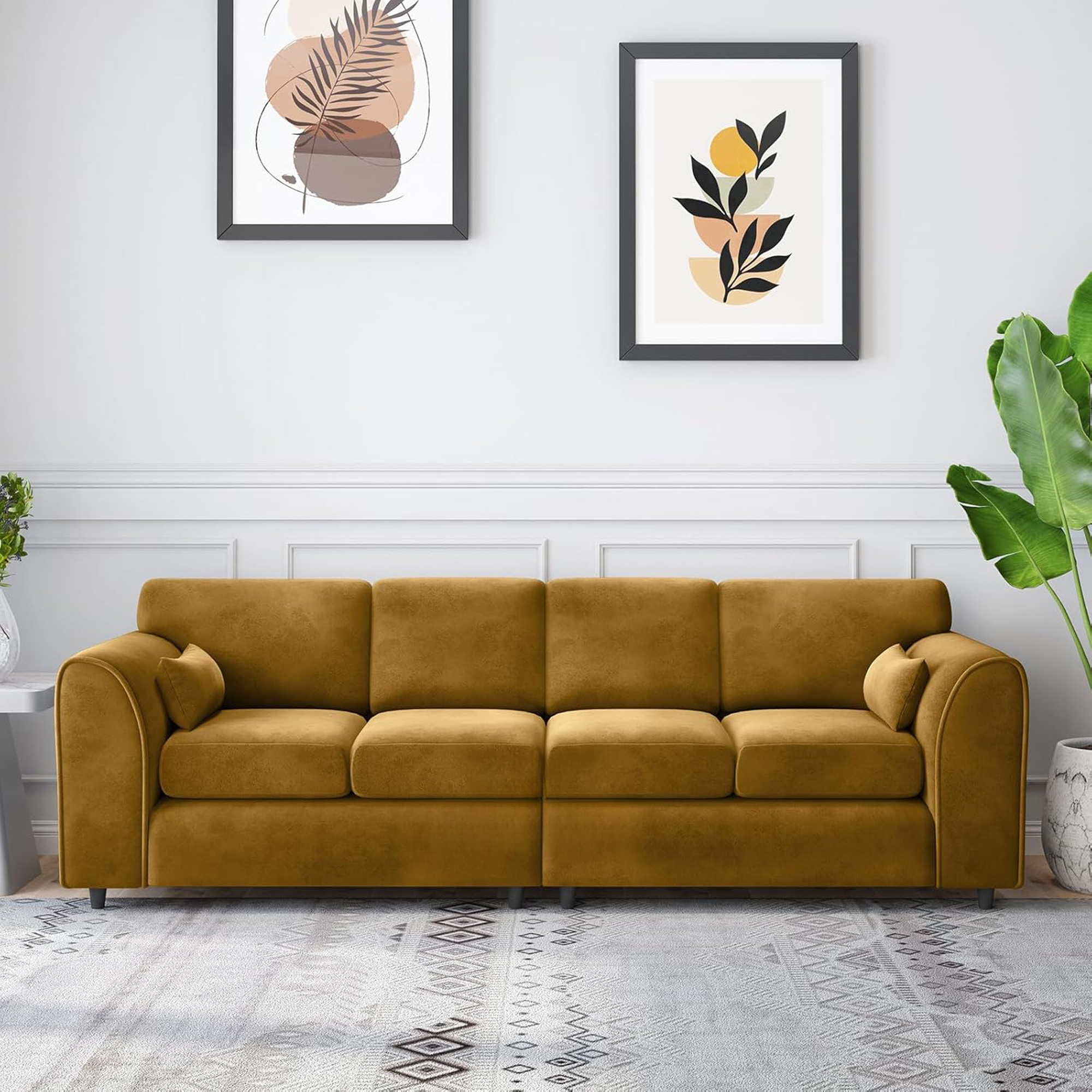 DELANO Plush Velvet 4 Seater Fullback Sofa - Mustard - Home Done