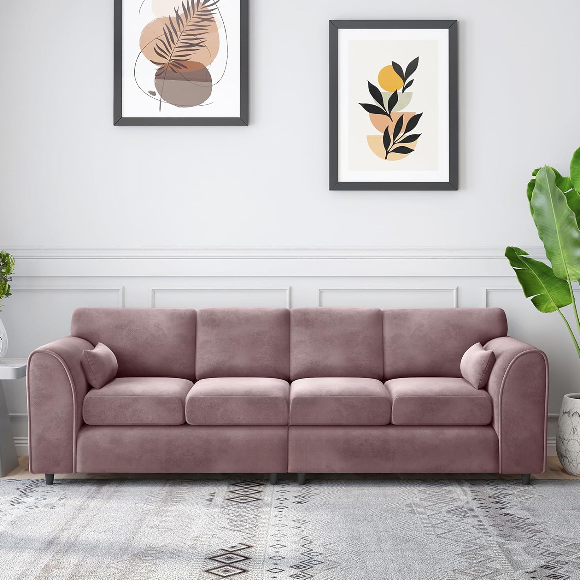 DELANO Plush Velvet 4 Seater Fullback Sofa - Pink - Home Done