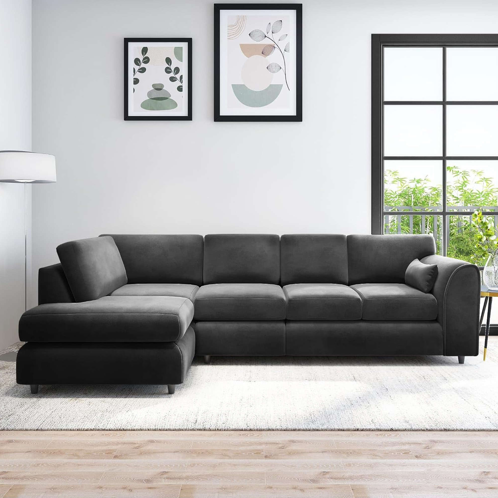 DELANO Plush Velvet Large 5 Seater L Shaped Fullback Corner Sofa - Black, Left Hand Facing - Home Done