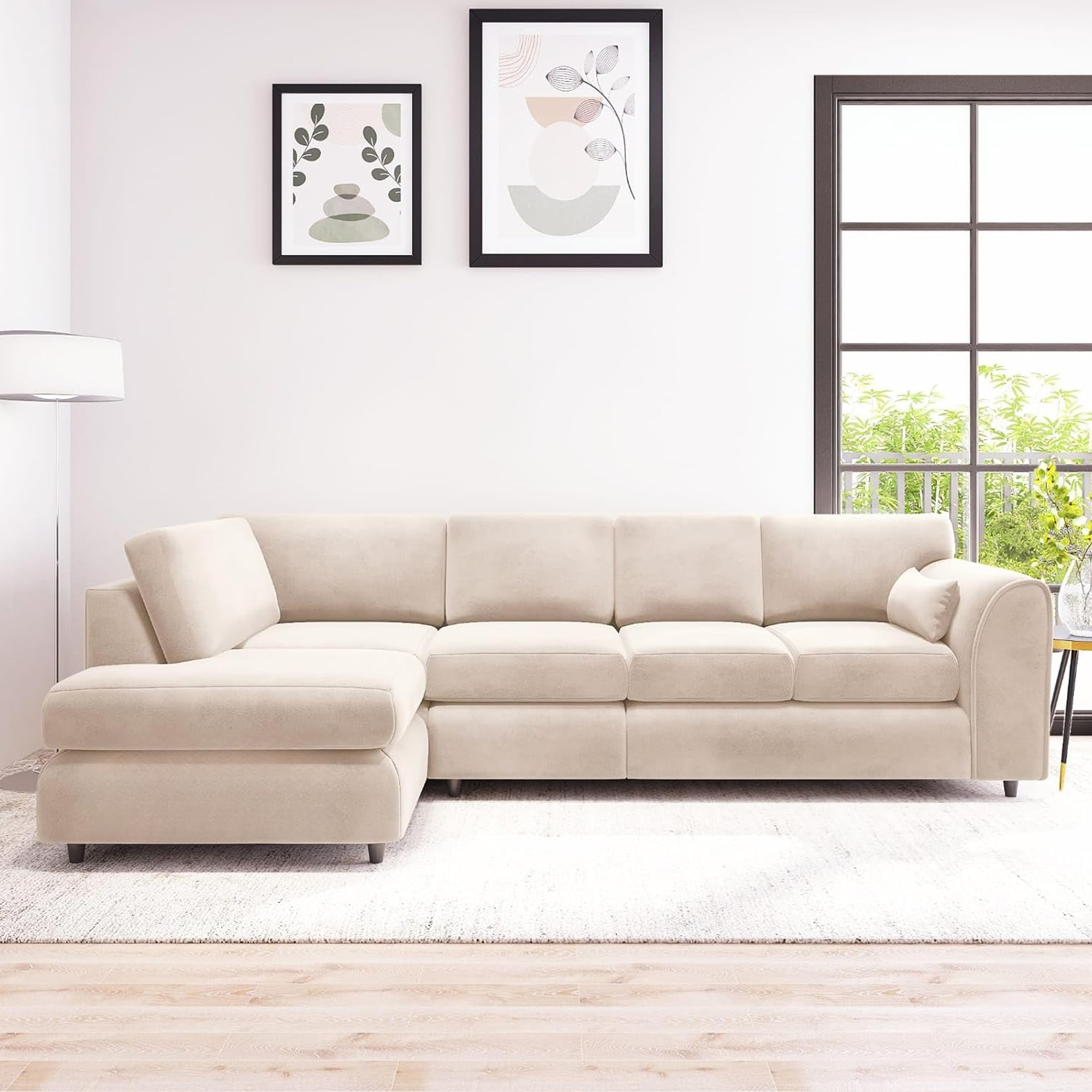 DELANO Plush Velvet Large 5 Seater L Shaped Fullback Corner Sofa - Cream, Left Hand Facing - Home Done