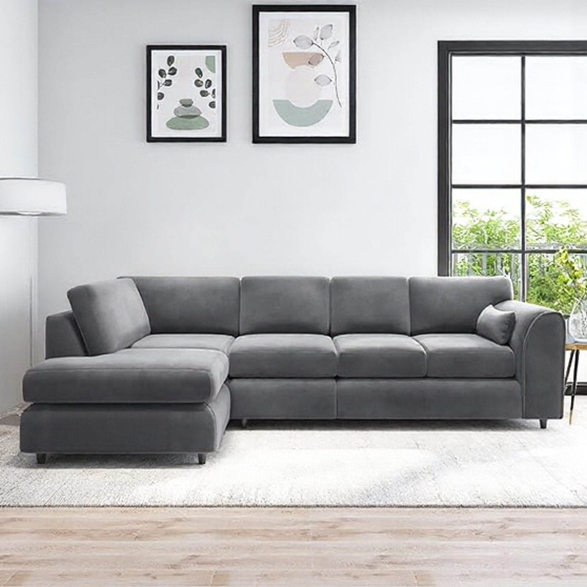 DELANO Plush Velvet Large 5 Seater L Shaped Fullback Corner Sofa - Dark Grey, Left Hand Facing - Home Done