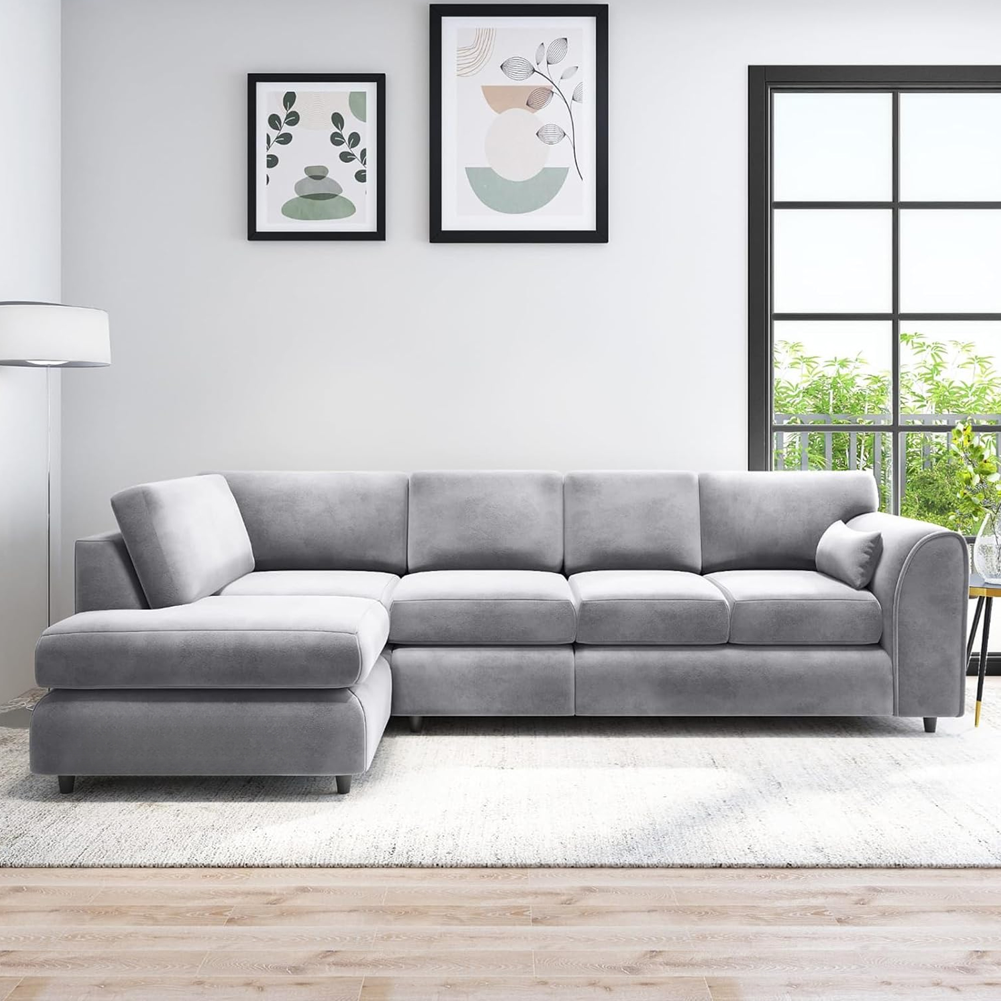 DELANO Plush Velvet Large 5 Seater L Shaped Fullback Corner Sofa - Light Grey, Left Hand Facing - Home Done