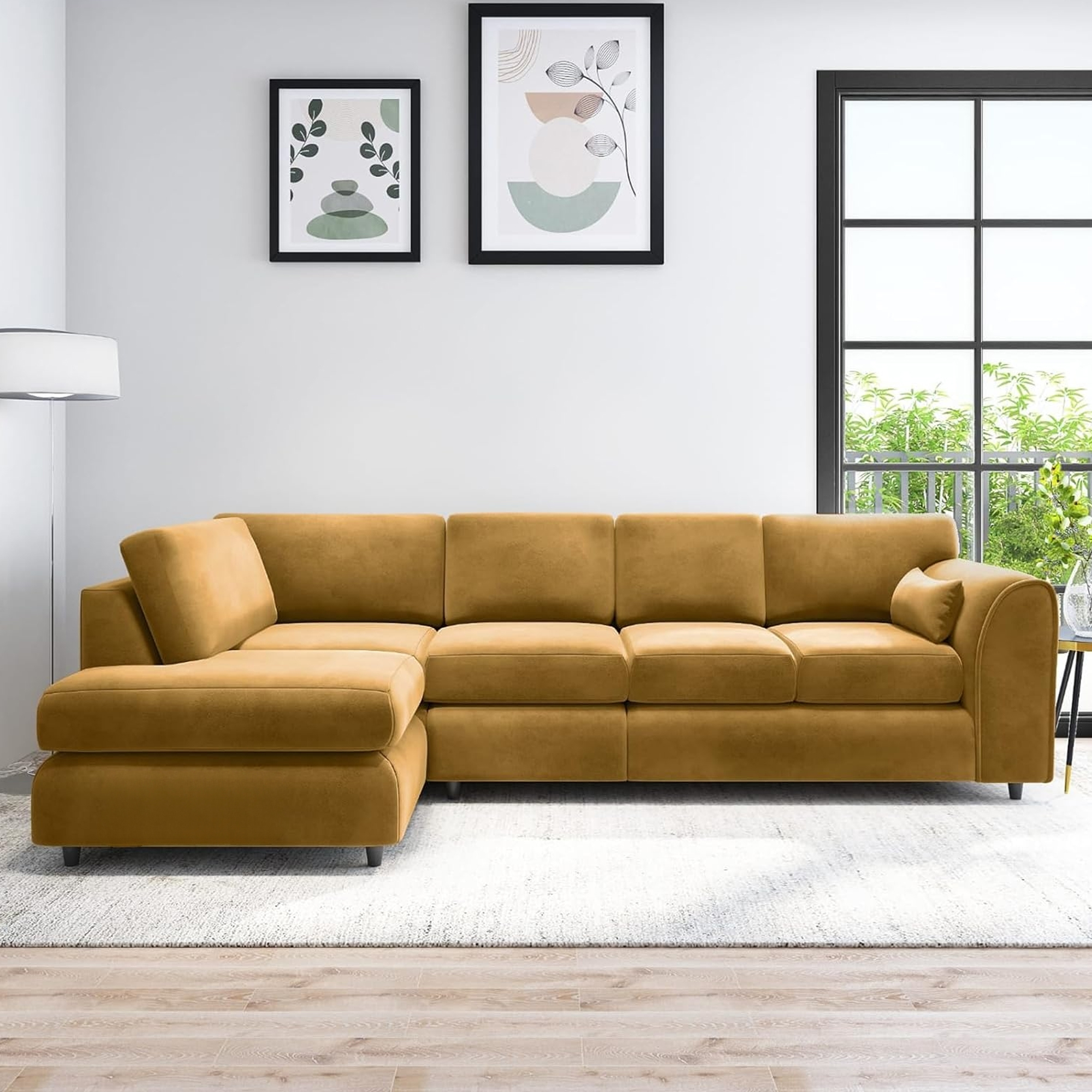 DELANO Plush Velvet Large 5 Seater L Shaped Fullback Corner Sofa - Mustard, Left Hand Facing - Home Done