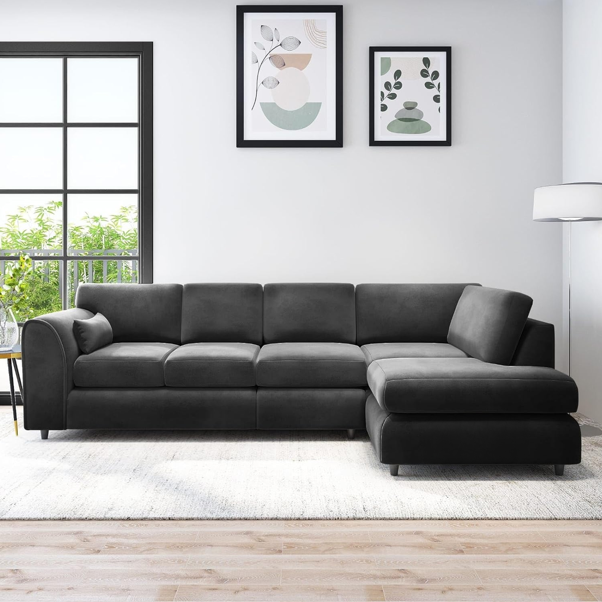 DELANO Plush Velvet Large 5 Seater L Shaped Fullback Corner Sofa - Black, Right Hand Facing - Home Done