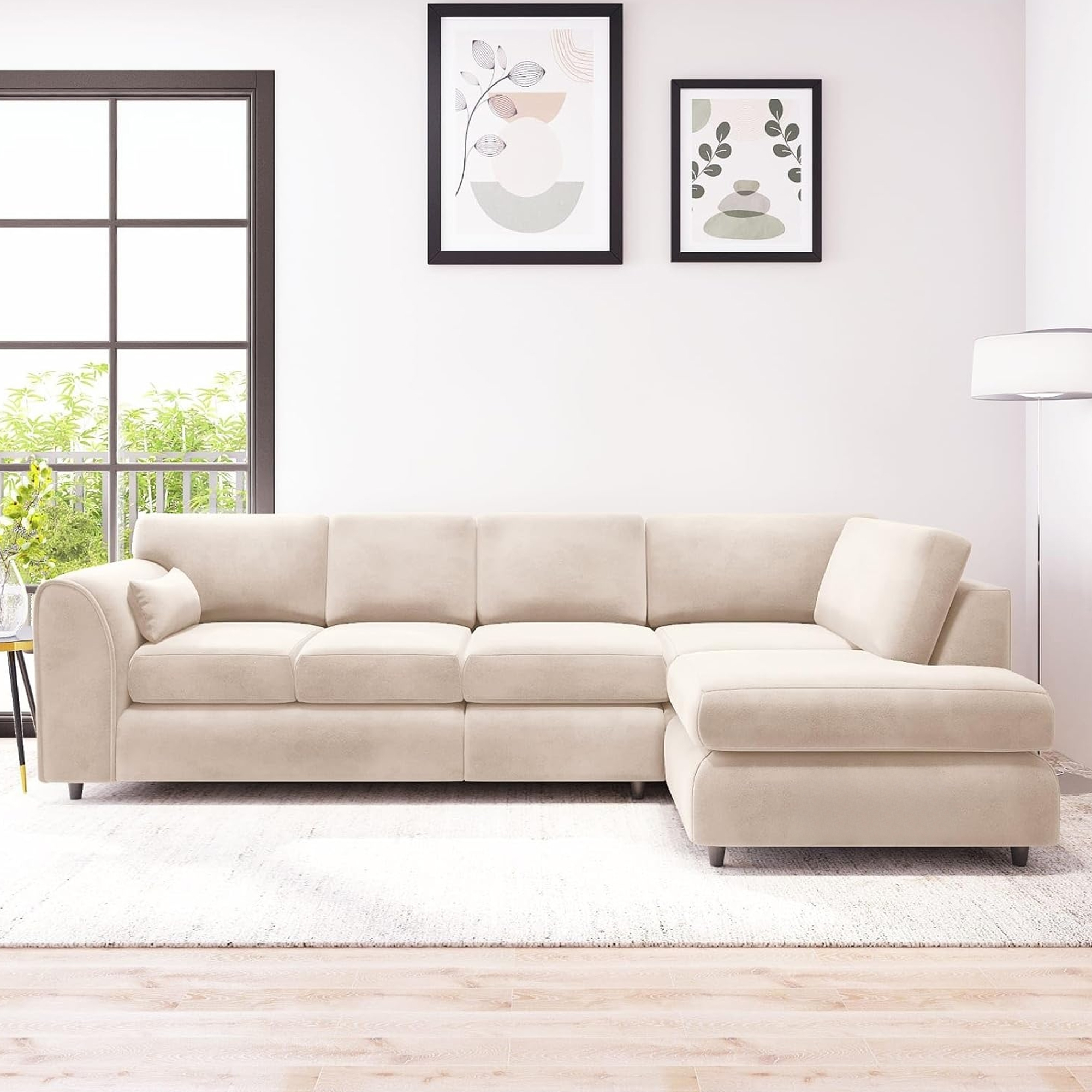 DELANO Plush Velvet Large 5 Seater L Shaped Fullback Corner Sofa - Cream, Right Hand Facing - Home Done