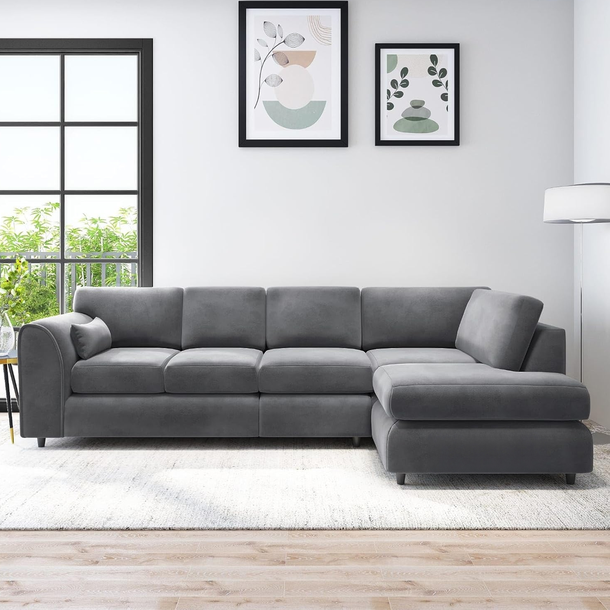 DELANO Plush Velvet Large 5 Seater L Shaped Fullback Corner Sofa - Dark Grey, Right Hand Facing - Home Done