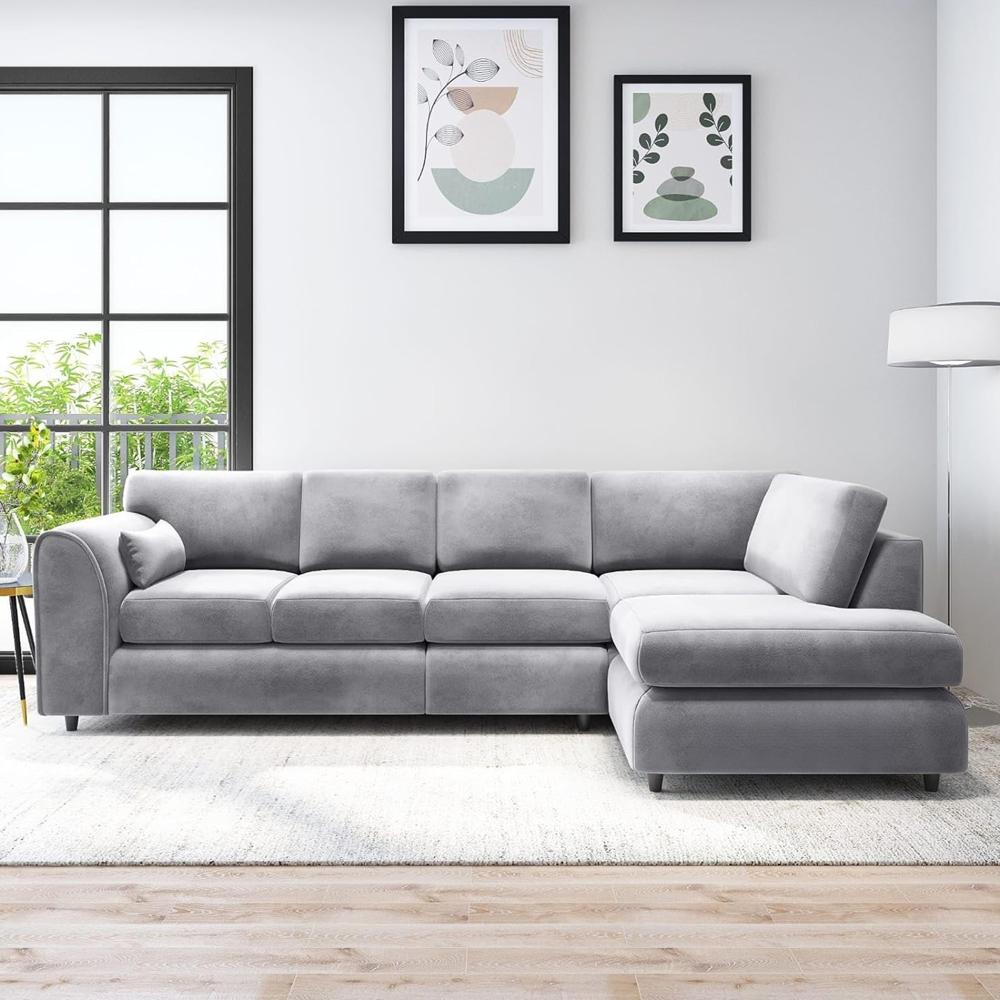 DELANO Plush Velvet Large 5 Seater L Shaped Fullback Corner Sofa - Light Grey, Right Hand Facing - Home Done
