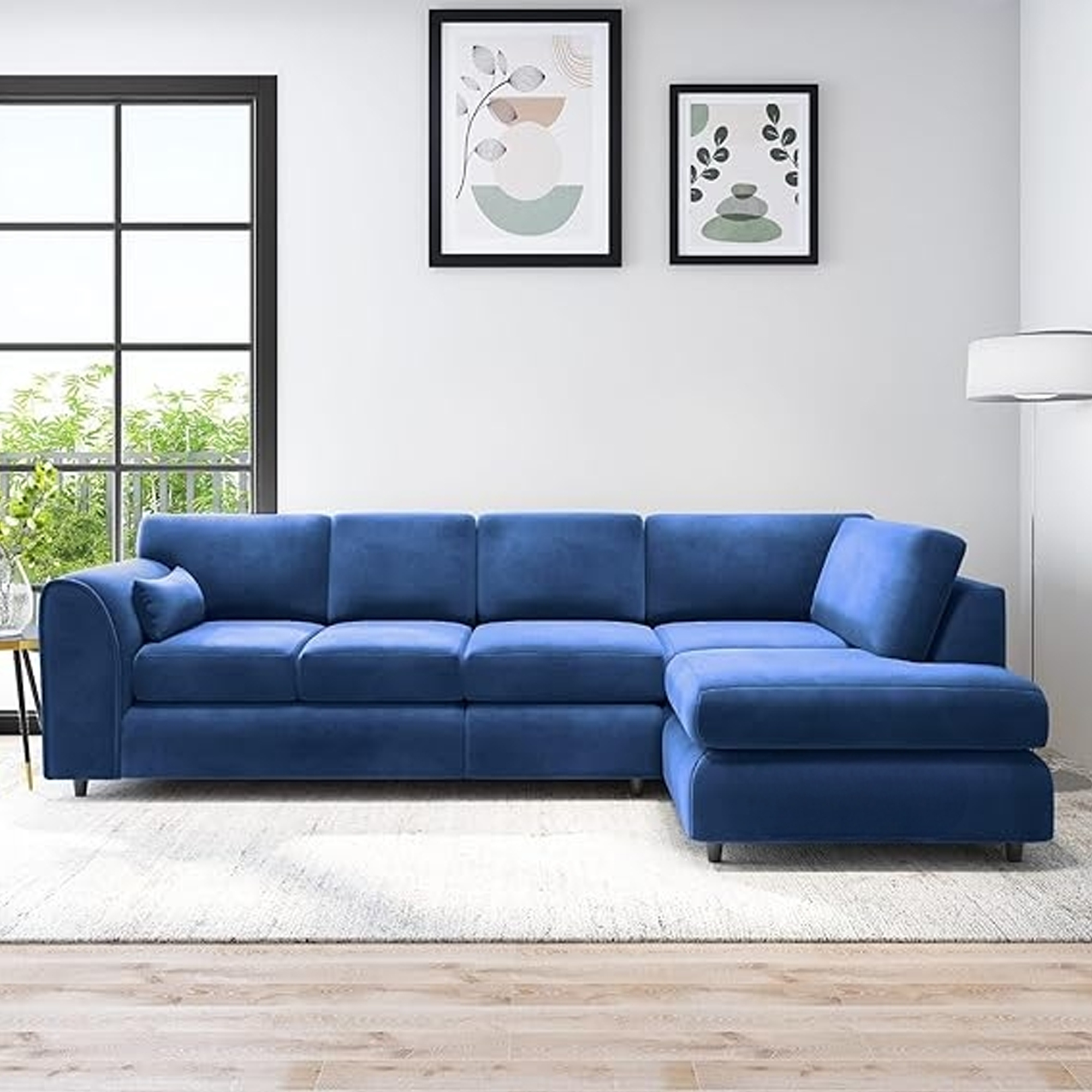 DELANO Plush Velvet Large 5 Seater L Shaped Fullback Corner Sofa - Midnight Blue, Right Hand Facing - Home Done